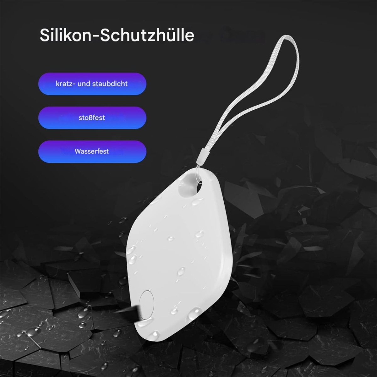 Weißer Tracker mit Schlüsselband. Eigenschaften: kratzfest, stoßfest und wasserdicht. Dunkler Hintergrund.