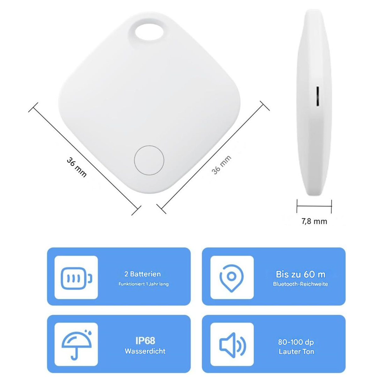 Weißer Tracker mit Abmessungen und Funktionen: 2 Batterien, Bluetooth-Reichweite 60 m, IP68 und 80-100dp Sound.