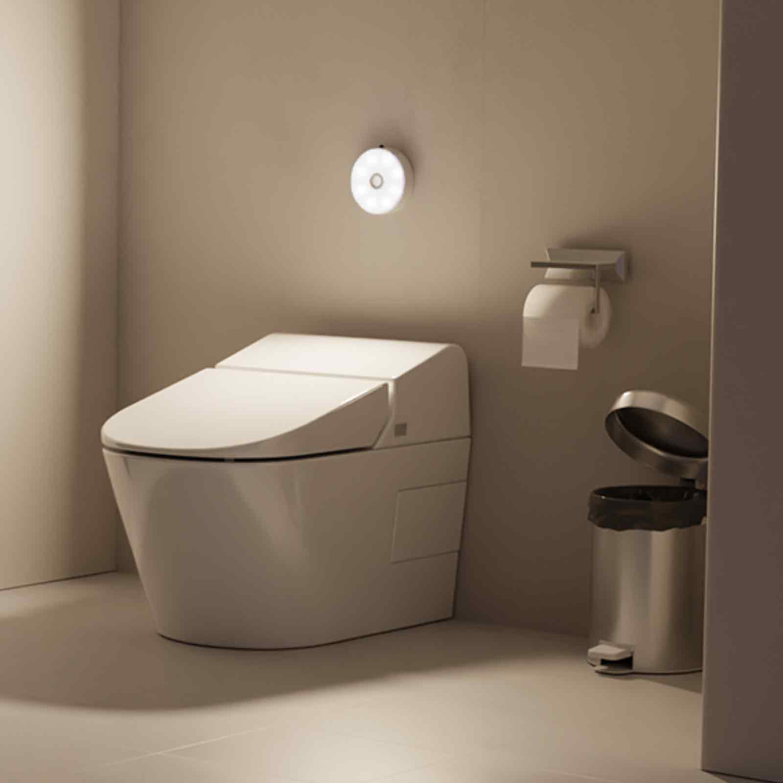 Eine Toilette mit Licht und Mülleimer. Die Toilette ist im Badezimmer, mit einer Papierrolle.