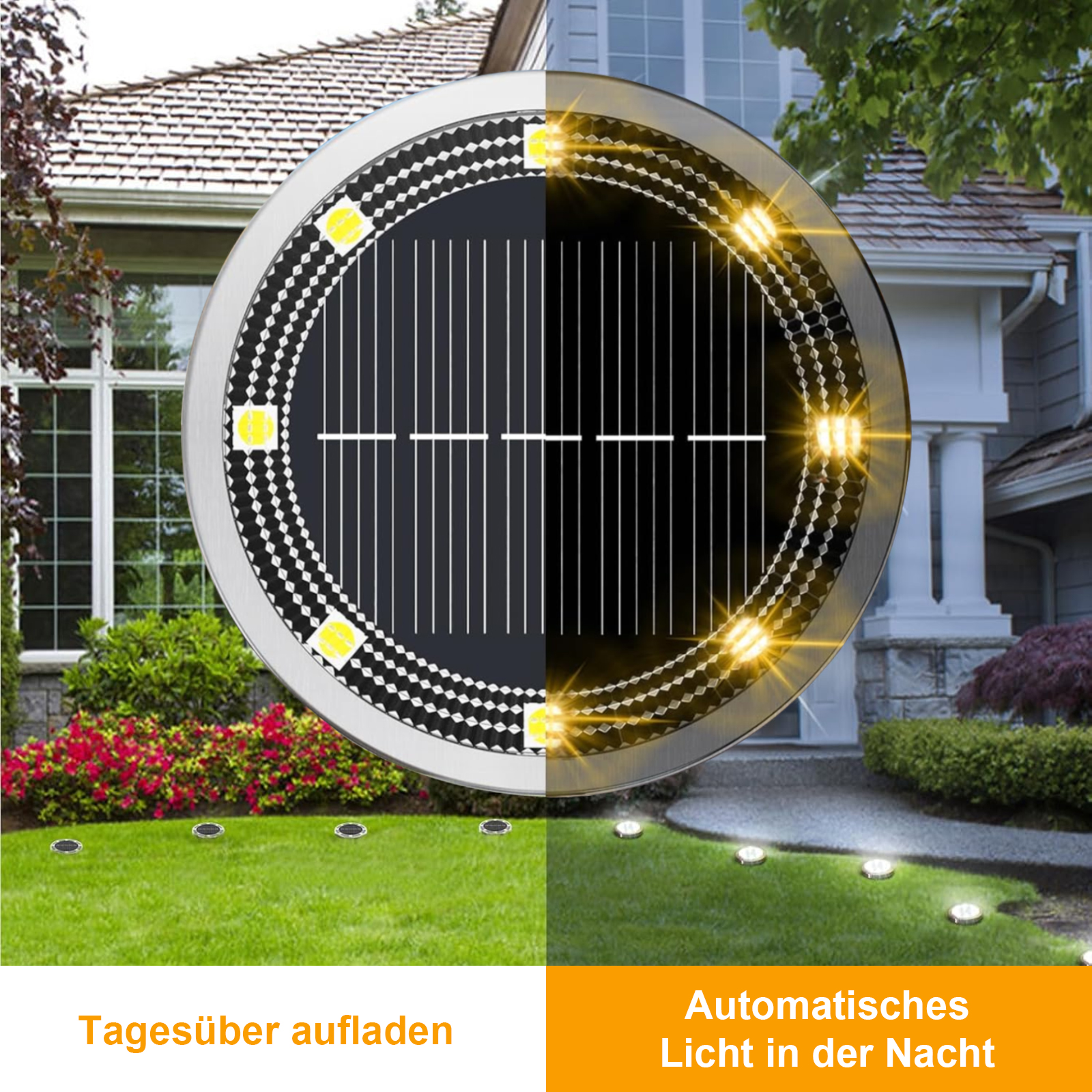 Solarlicht über Gras. Laden am Tag und automatisches Arbeiten in der Nacht. Weißes Haus im Hintergrund.