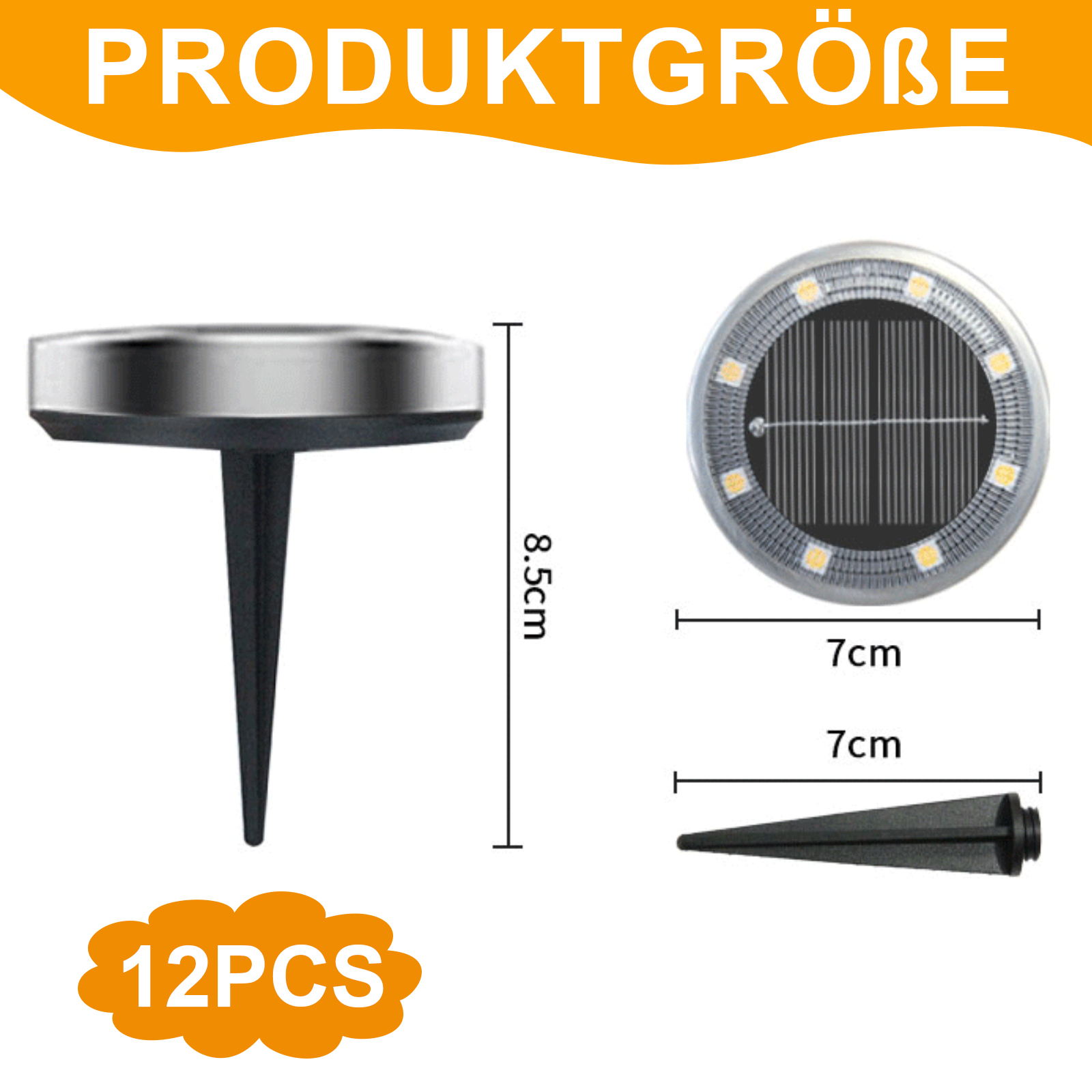 Solar-Gartenleuchte mit Maßen und Nahaufnahme des oberen Teils, und 12 Stück-Etikett auf Weiß.