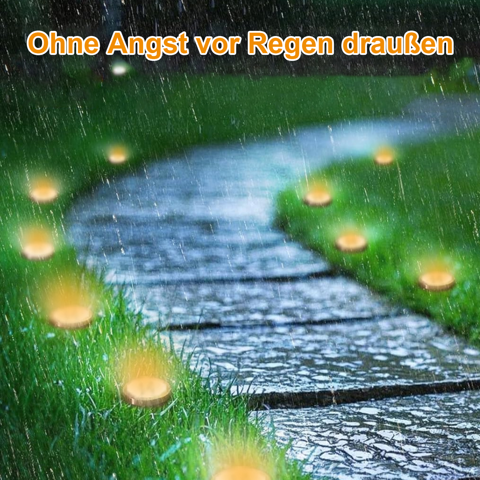 Pfad mit leuchtenden Lichtern im Regen. Der Text oben lautet: "Keine Angst vor Regen draußen".