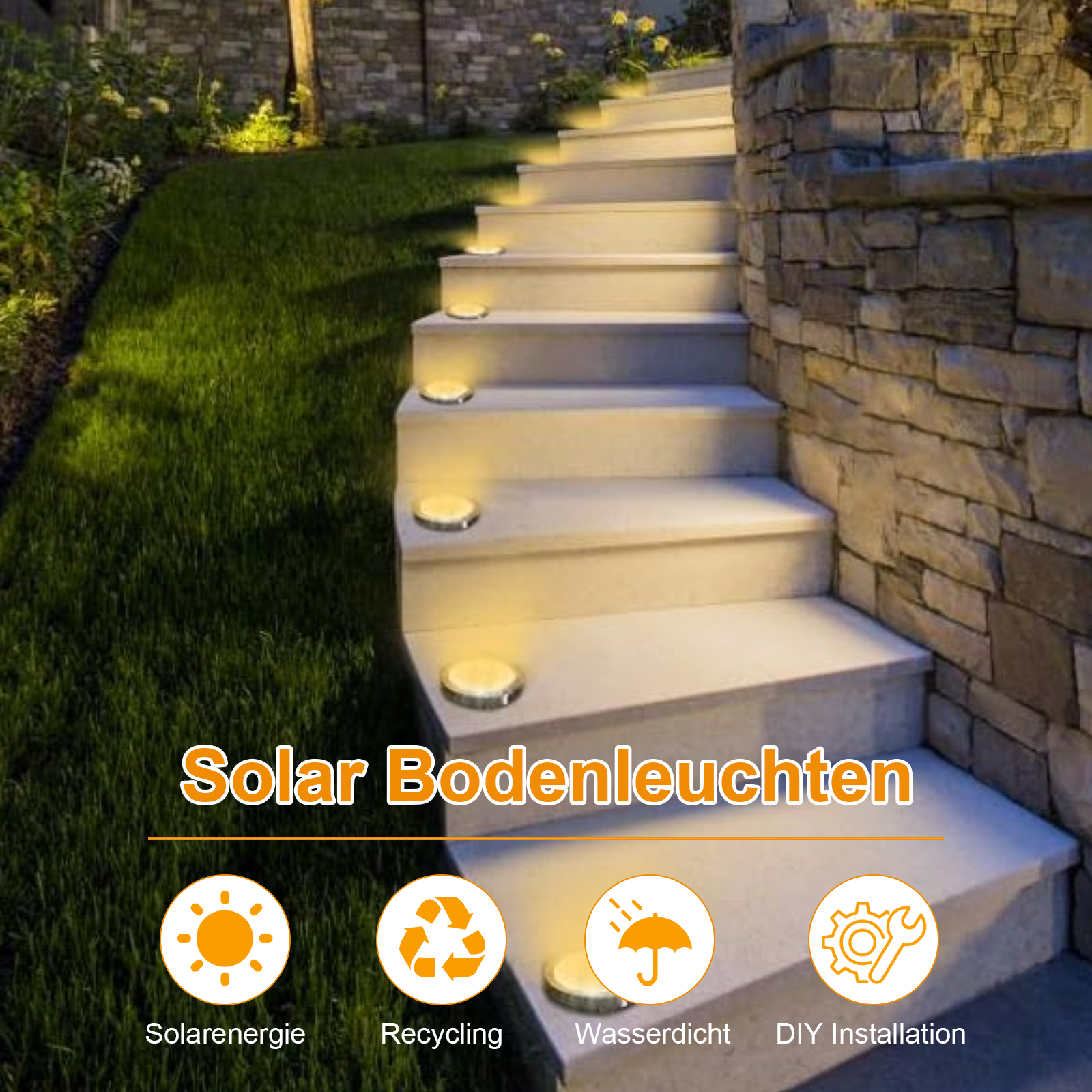 Solarbetriebene Lichter auf Steinstufen. Text sagt 'Solar Bodenleuchten' und zeigt Symbole.