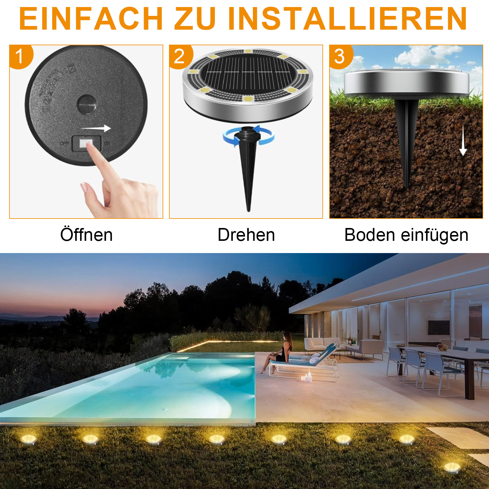 Bilder, die zeigen, wie man die Lichter installiert: öffnen, drehen und in den Boden stecken.