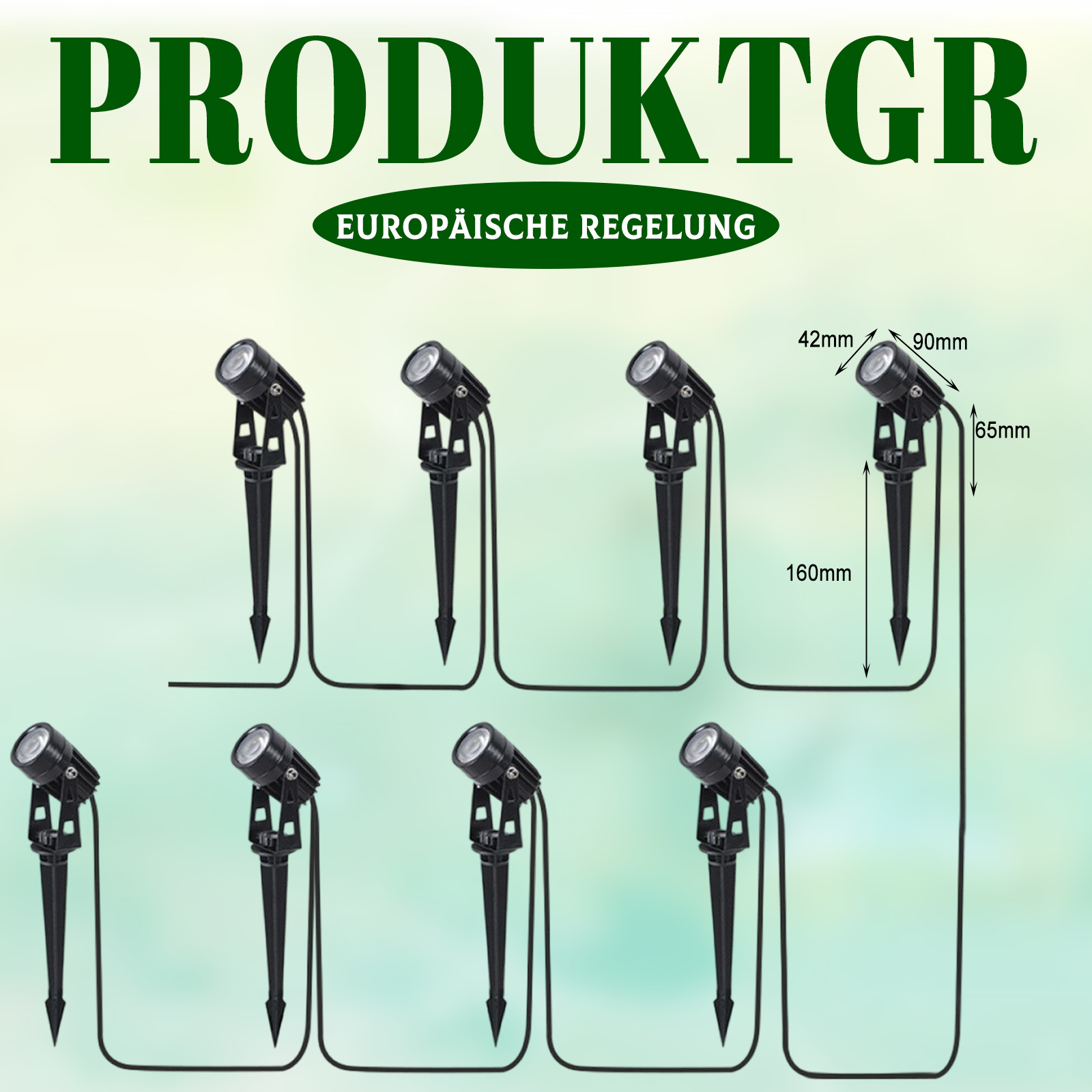 Produktdiagramm mit Gartenlichtern mit Abmessungen in horizontaler Ausrichtung.