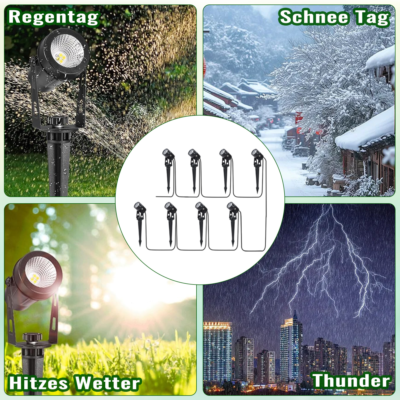 Gartenlichter bei verschiedenen Wetterbedingungen: Regen, Schnee, heißem Wetter und Blitz.