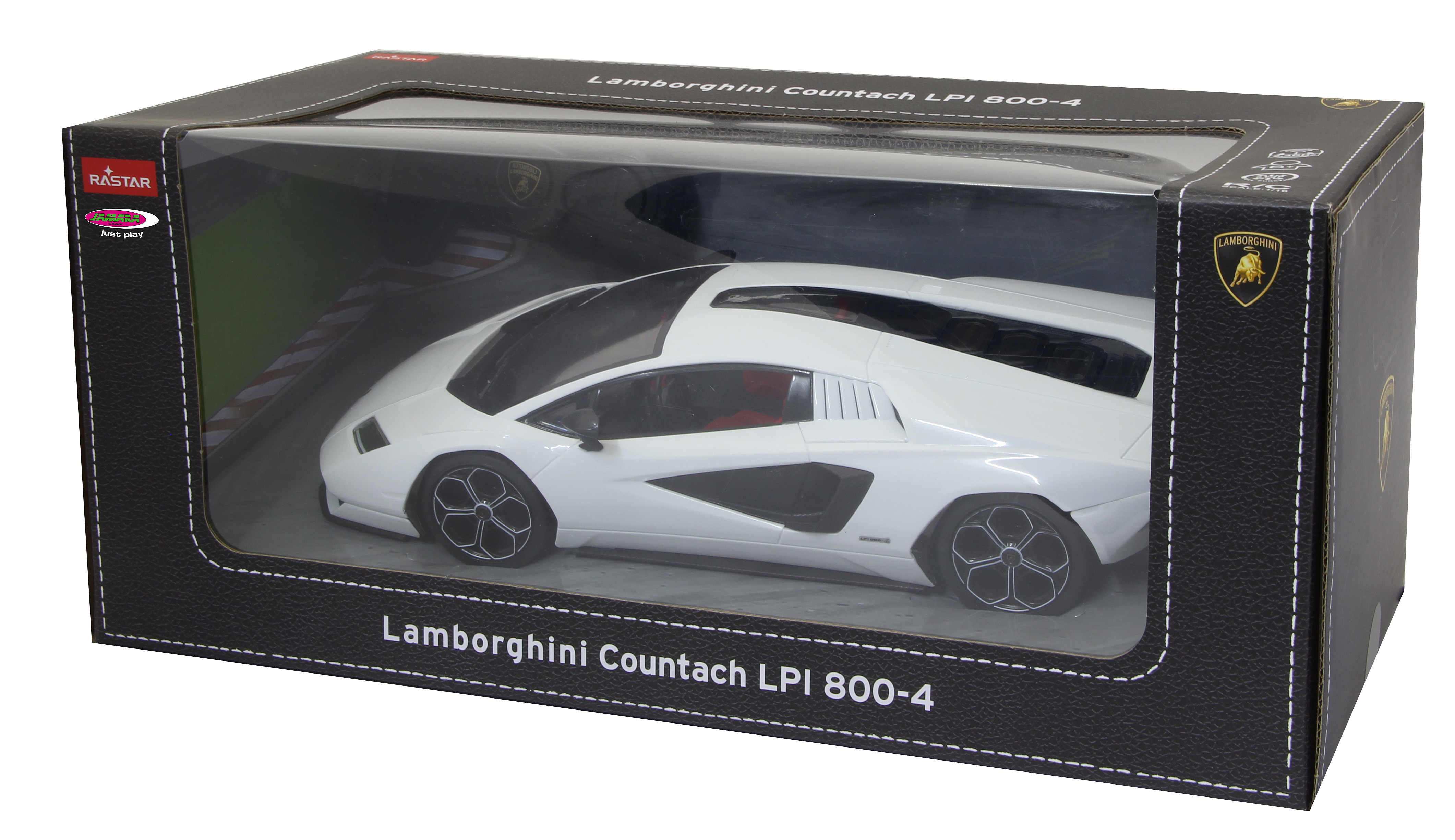 Weißes Lamborghini Countach Spielzeugauto in einer Box. Klares Kunststofffenster zeigt das Auto.