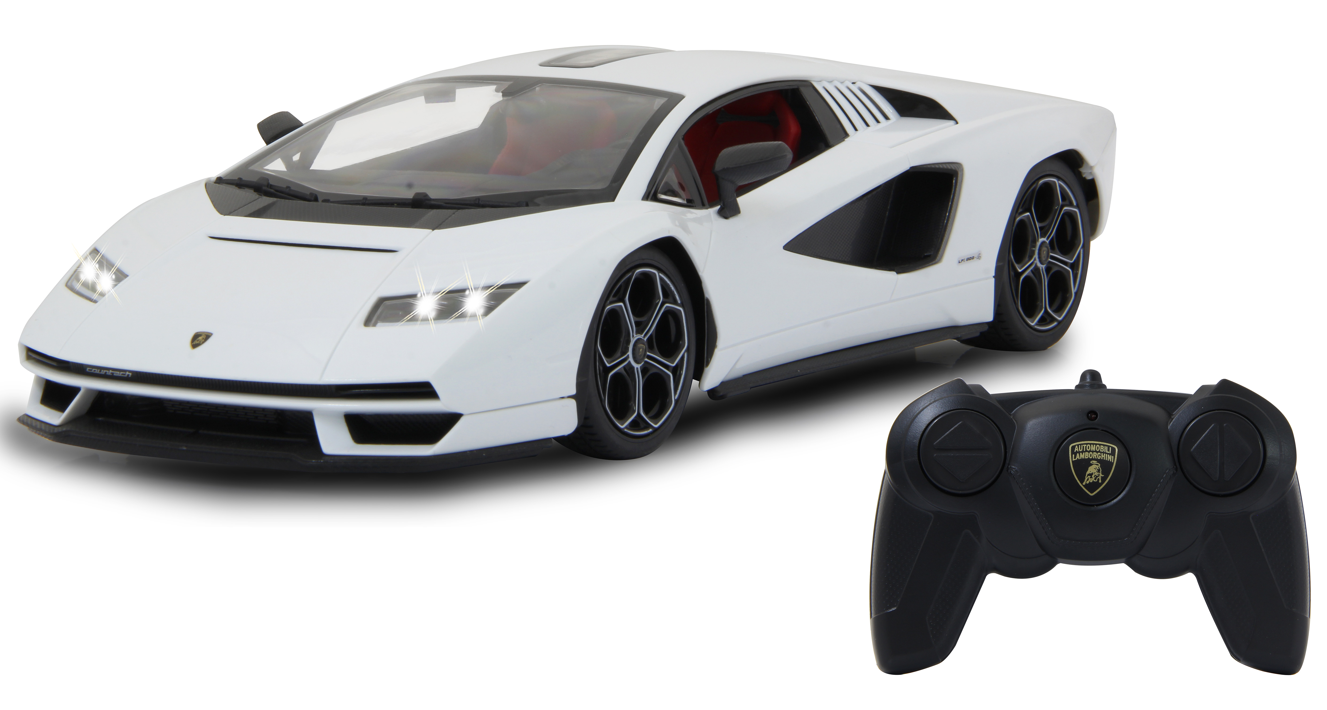 Weißes Lamborghini Countach Auto mit Fernbedienung auf weißem Hintergrund.