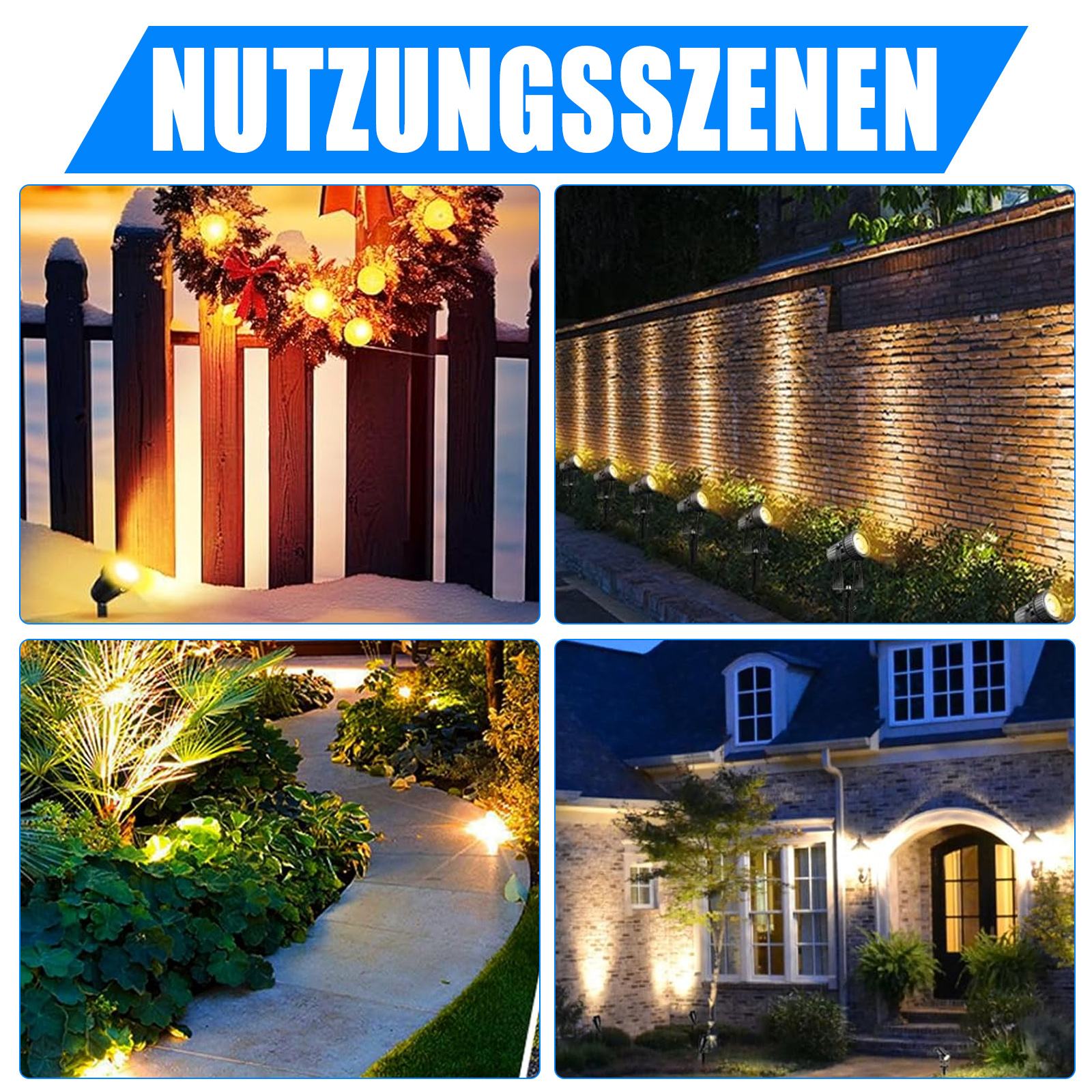 Verschiedene Außenbeleuchtungsszenen: Zaun mit Lichtern, Backsteinmauer, Weg und Haus mit Lichtern.