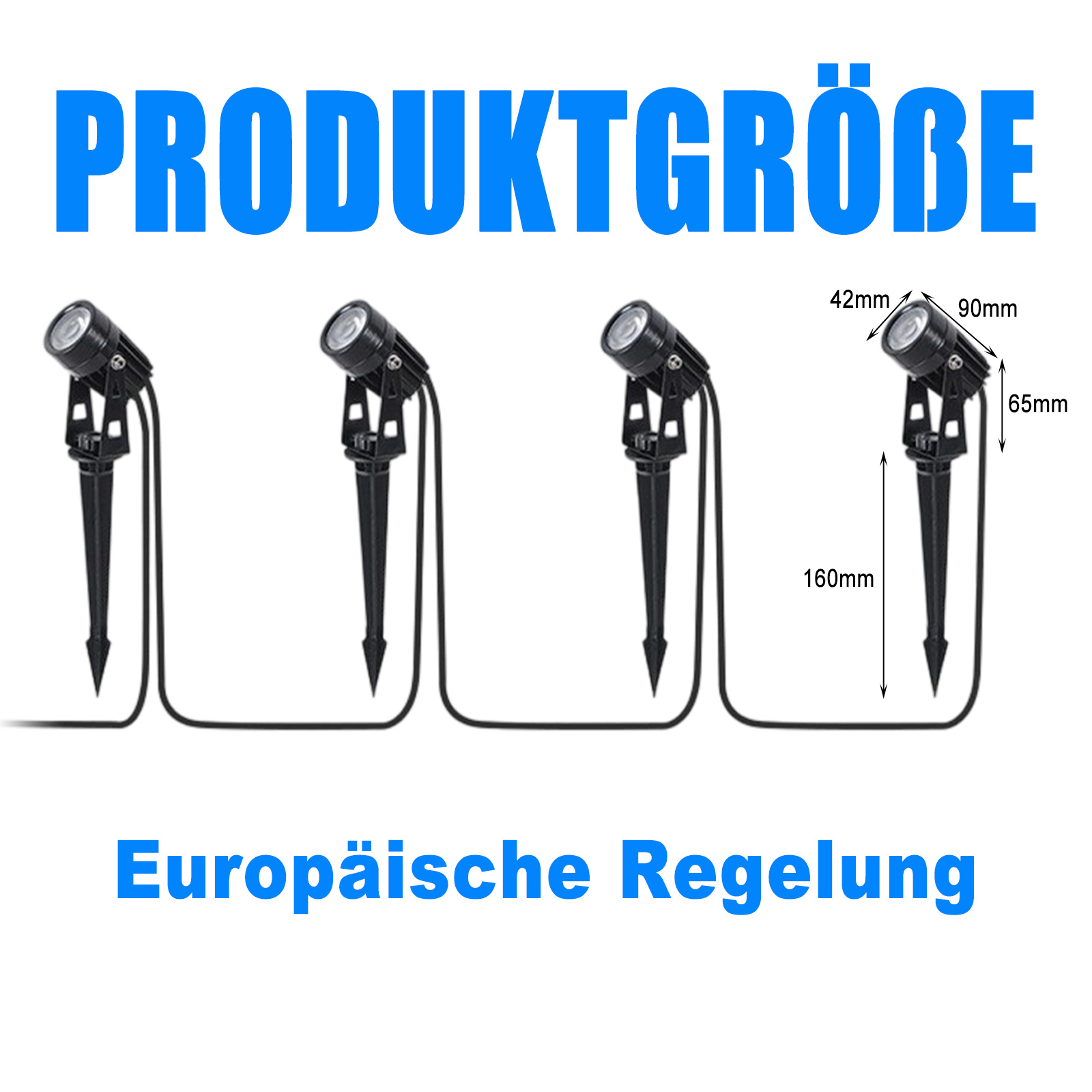Vier schwarze Außenleuchten mit Pfählen, die Abmessungen in Millimetern und Zoll zeigen.