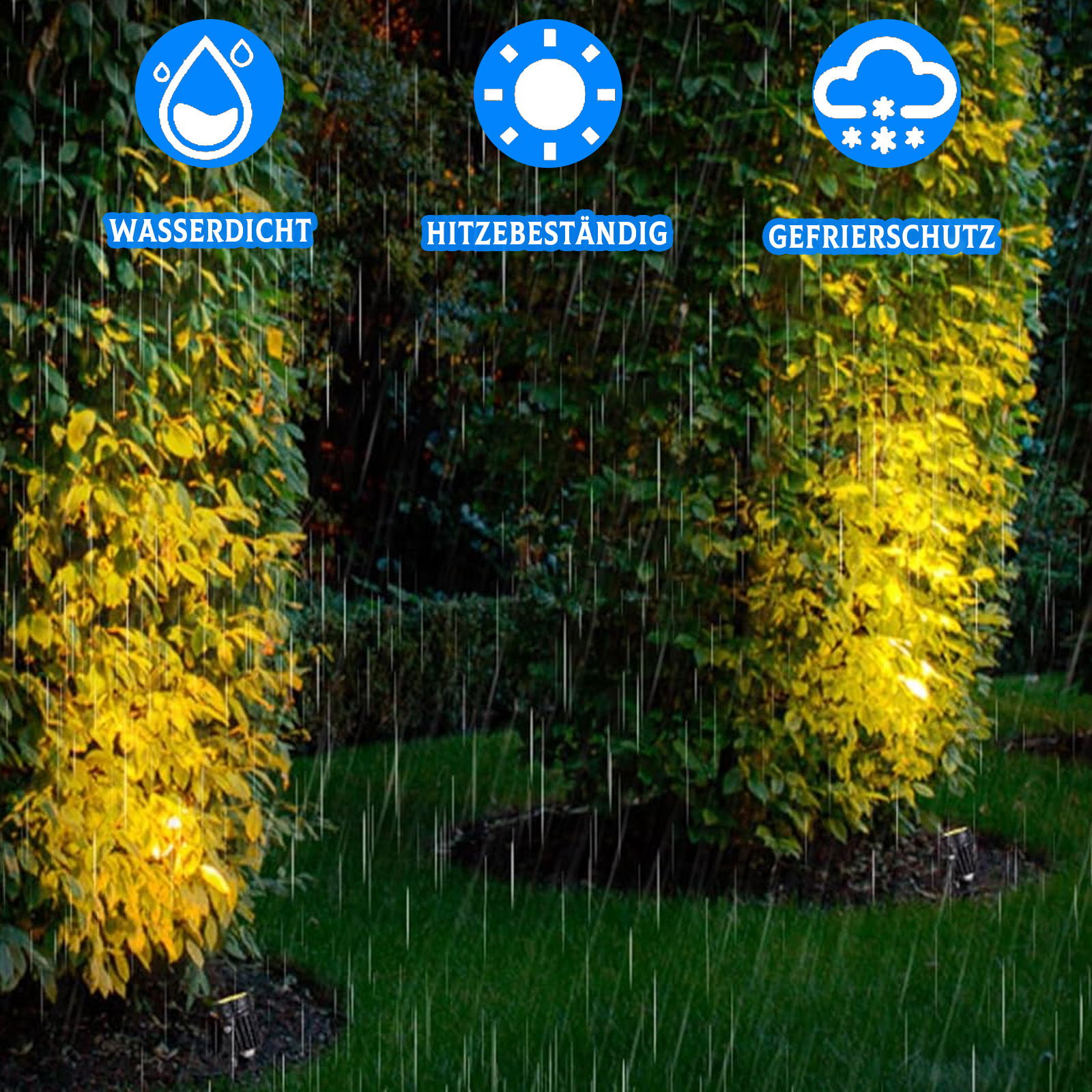 Außenlichter an Büschen, mit Symbolen für wasserdicht, hitzebeständig und Frostschutz.