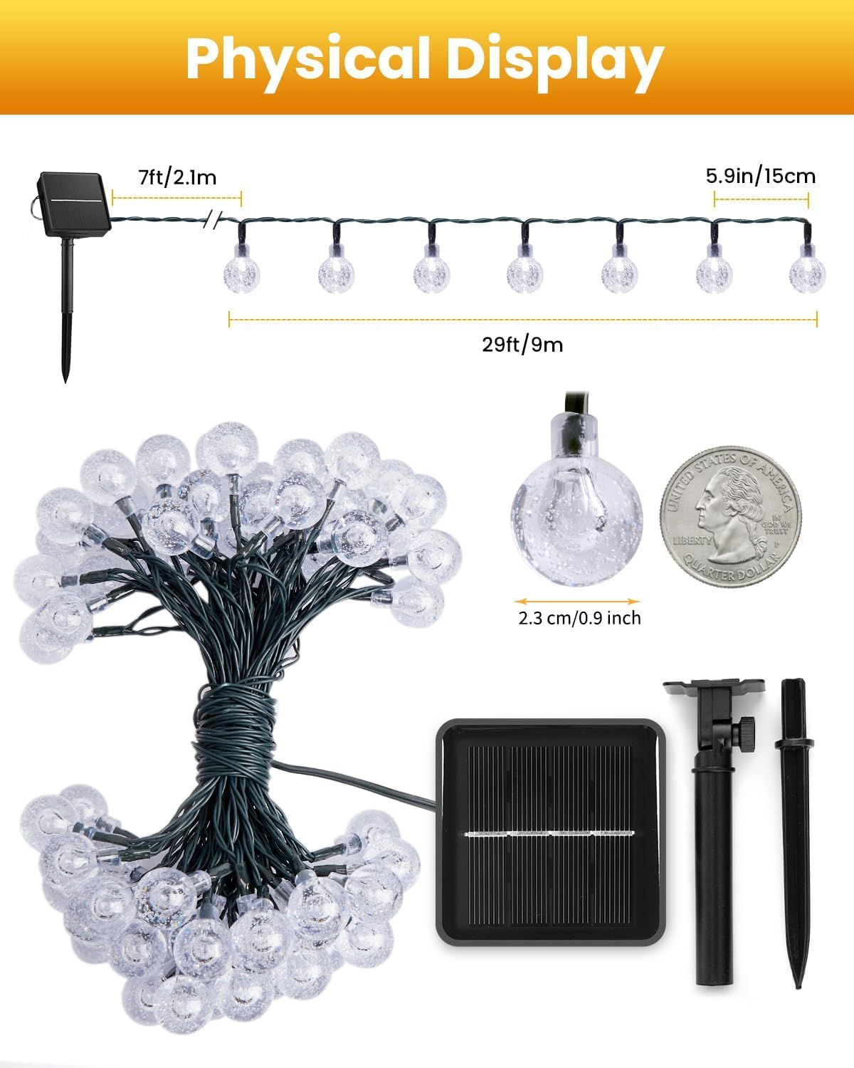 Lichterketten-Setup mit detaillierten Abmessungen, Solarpanel und einem Viertel.