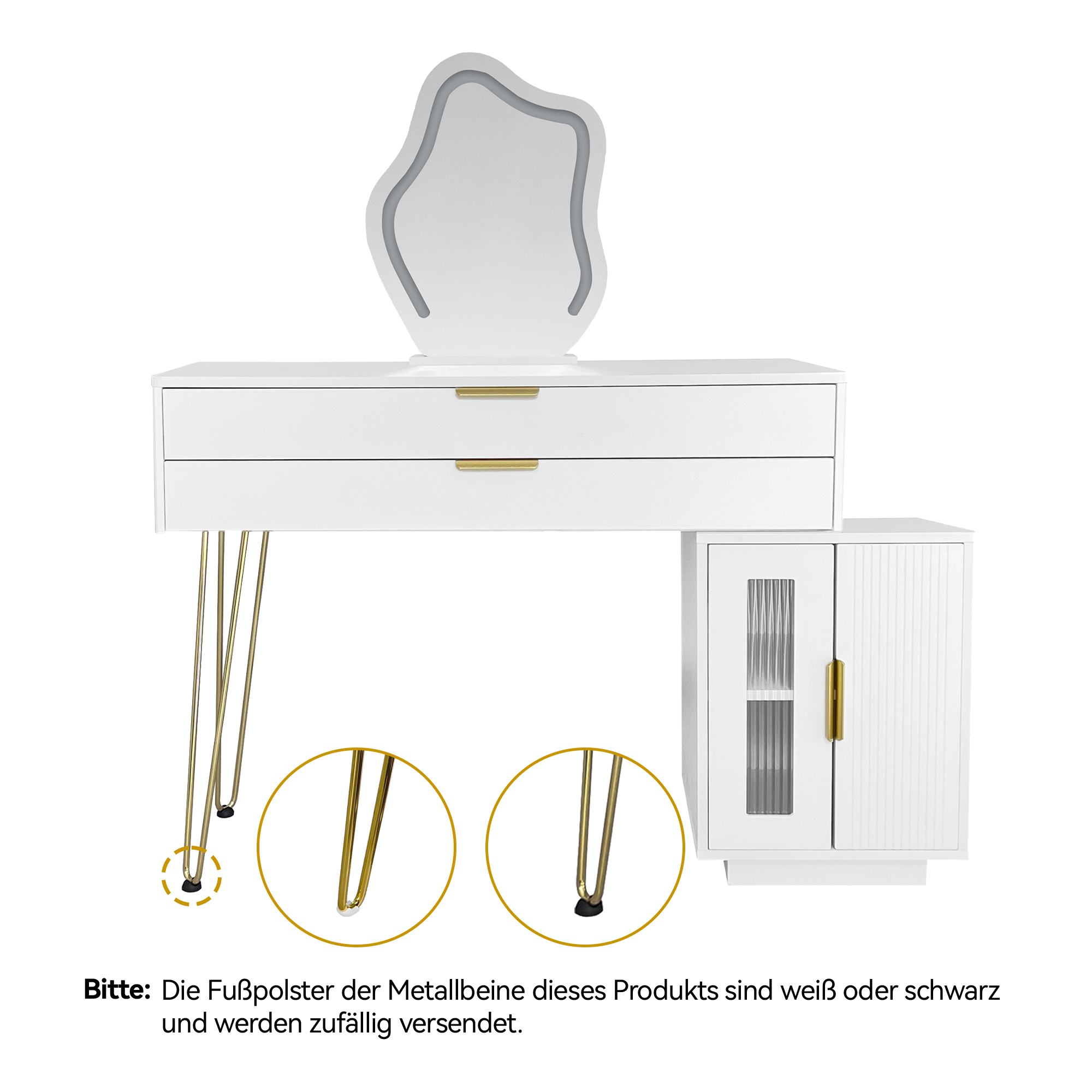 Weißer Schminktisch mit Schubladen, goldenen Beinen und beleuchtetem Spiegel. Ein kleiner Schrank mit Tür und goldenem Griff.