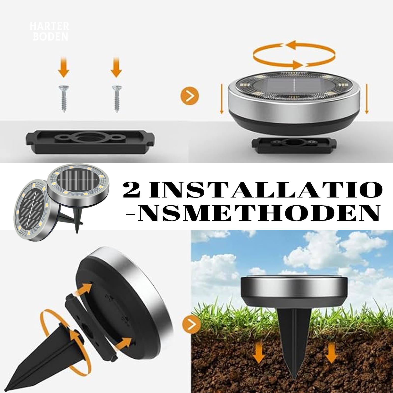 Solarleuchten-Installationsanleitung. Silberne Leuchten mit schwarzer Basis, Pfeile zeigen den Aufbau. Boden- und Pfahlmontage.