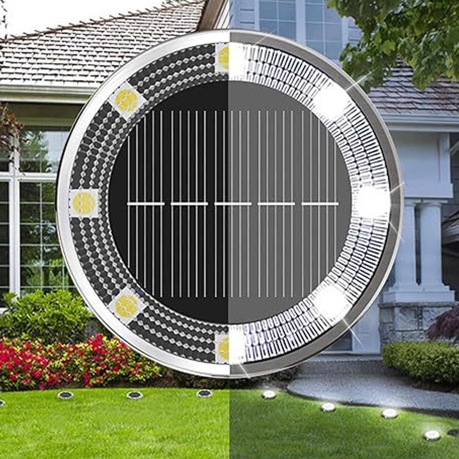 Nahaufnahme einer Solarleuchte zeigt ihr Design und die häusliche Umgebung. Gras, Büsche und ein Haus sind sichtbar.