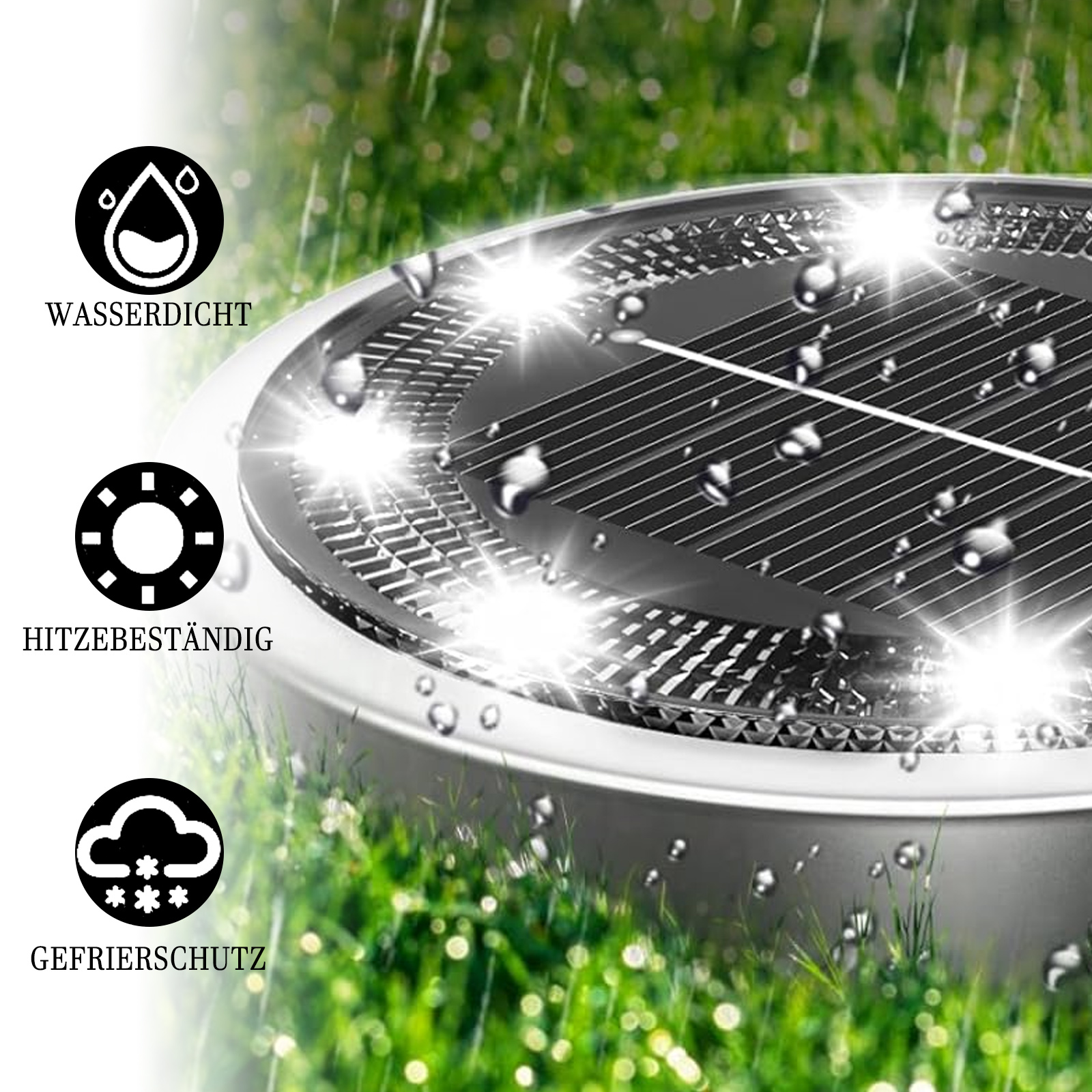 Solarleuchte mit Wassertropfen, Hitzebeständigkeits- und Frostschutzsymbolen. Grünes Gras im Hintergrund.