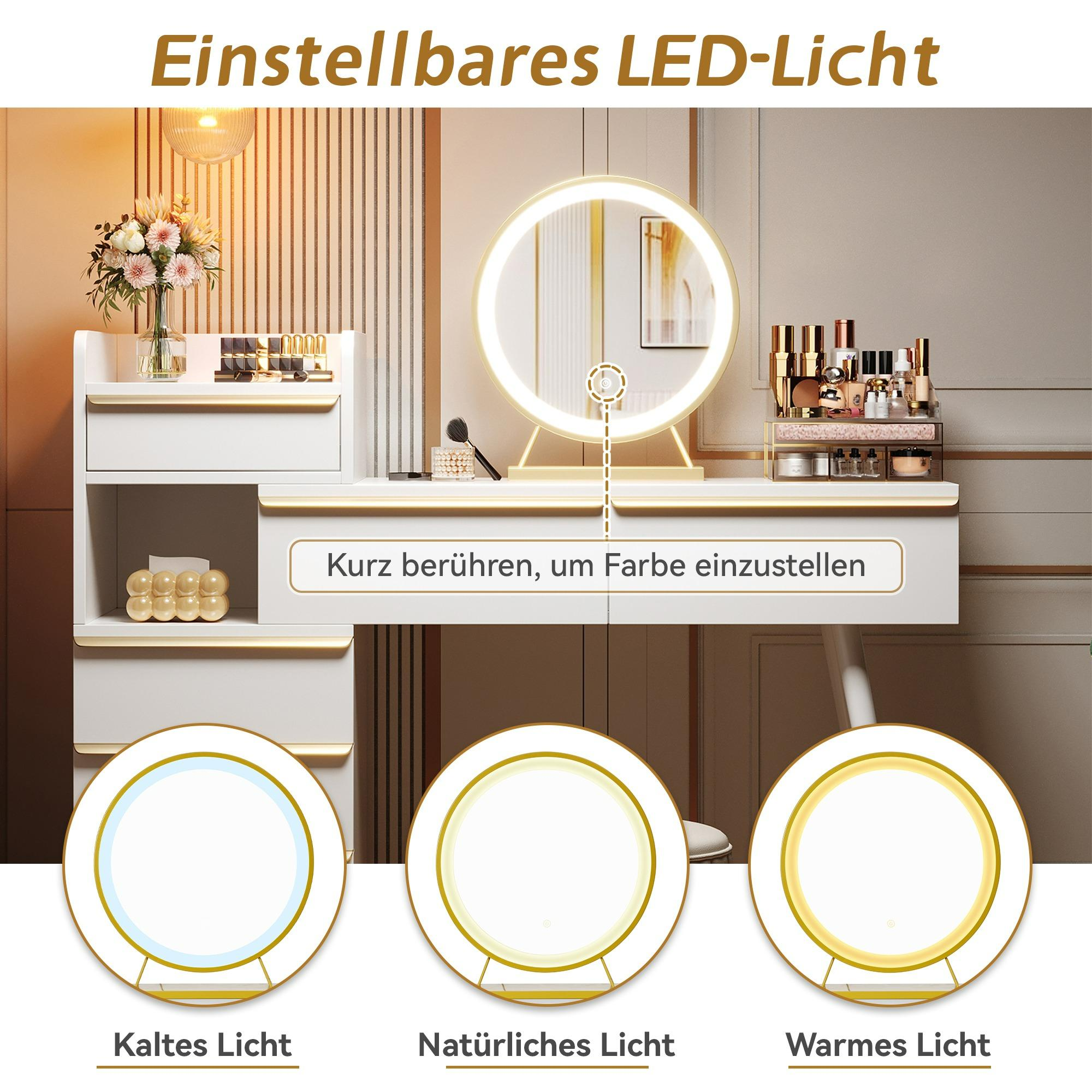 Schminktisch mit rundem, beleuchtetem Spiegel. Optionen für kaltes, natürliches und warmes Licht werden angezeigt.