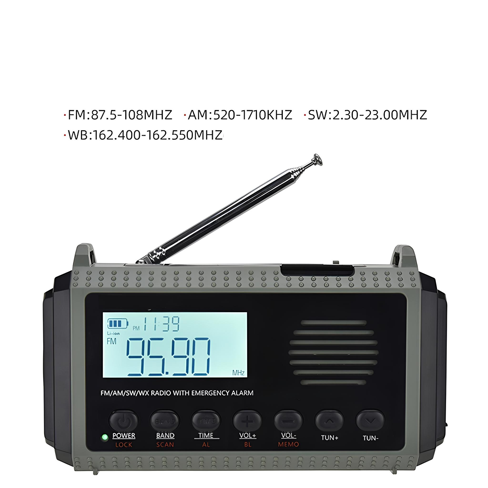 Ein grau-schwarzes Notfallradio mit Antenne. Das Radio hat ein Display mit 95,90.