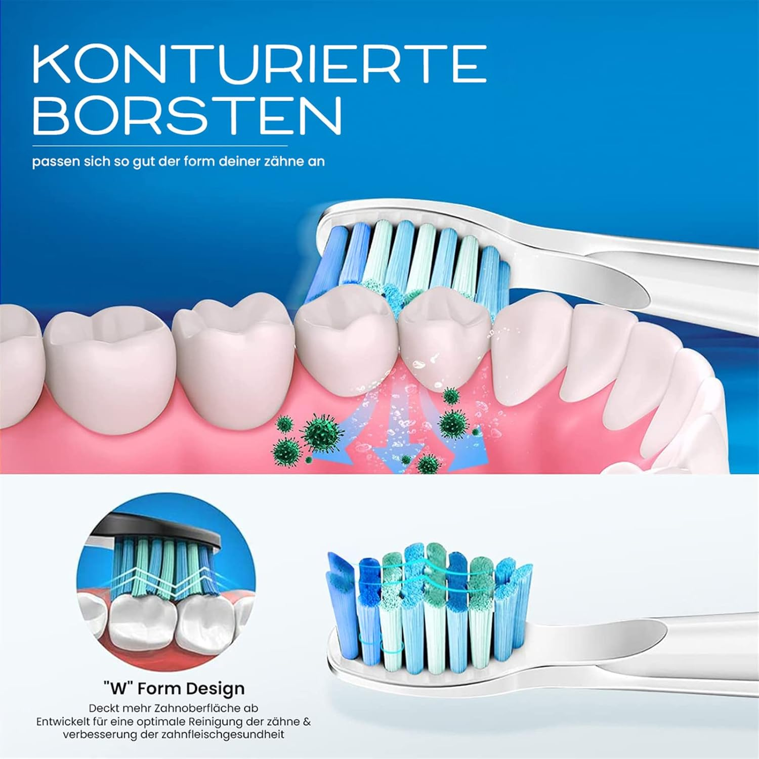 Ein Bild zeigt eine Zahnbürste, die Zähne putzt, mit Nahaufnahmen von Borsten und Zähnen.