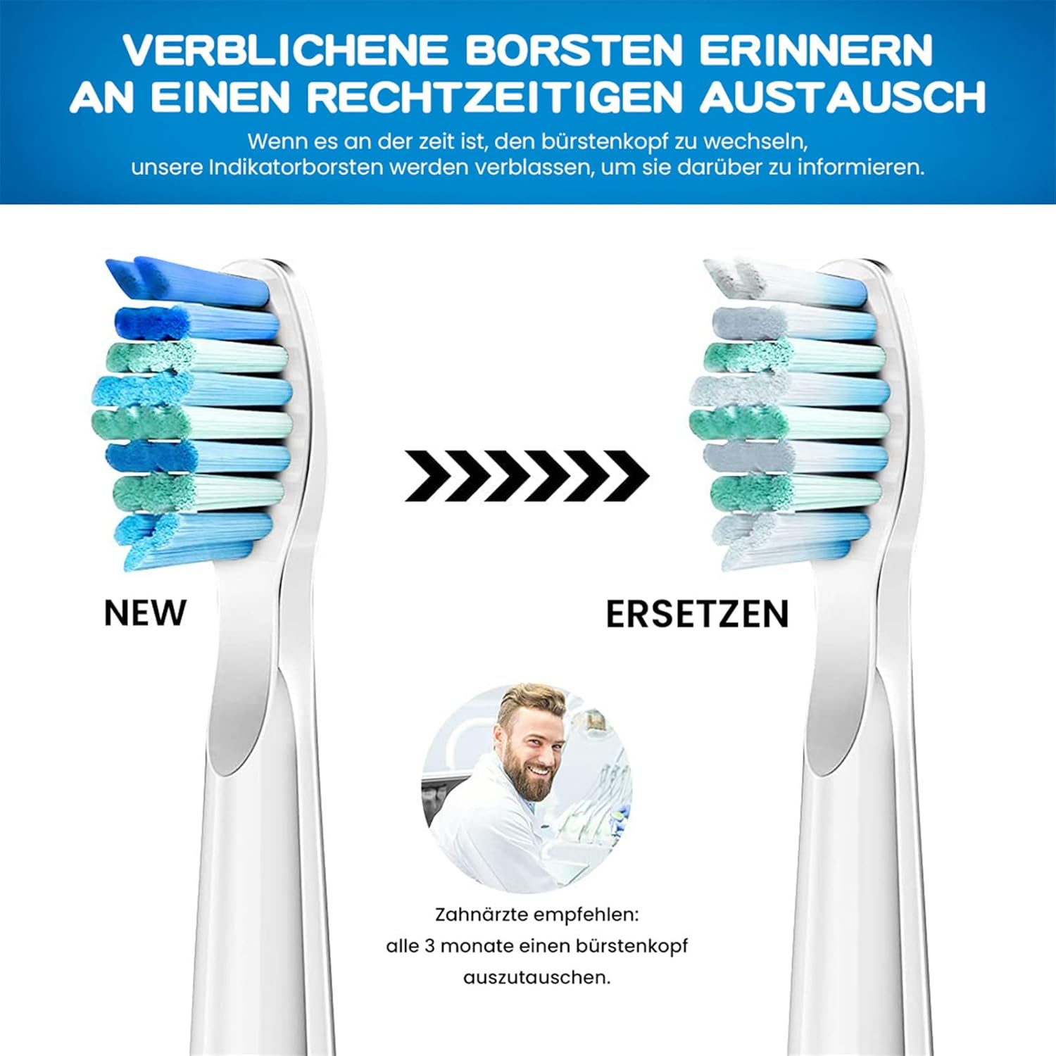 Zwei Zahnbürstenköpfe: einer neu, blau/grüne Borsten; andere abgenutzt, verblasste Borsten. Pfeil zeigt Ersatz.