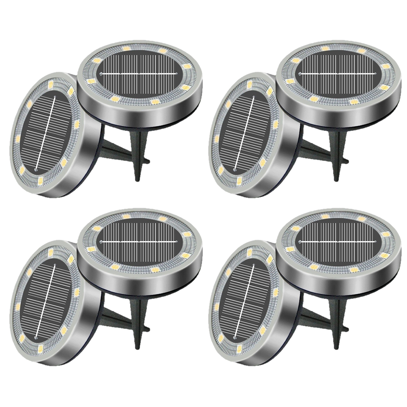 Mehrere solarbetriebene Lichter. Jedes Licht hat ein Solarpanel oben und ist silberfarben.