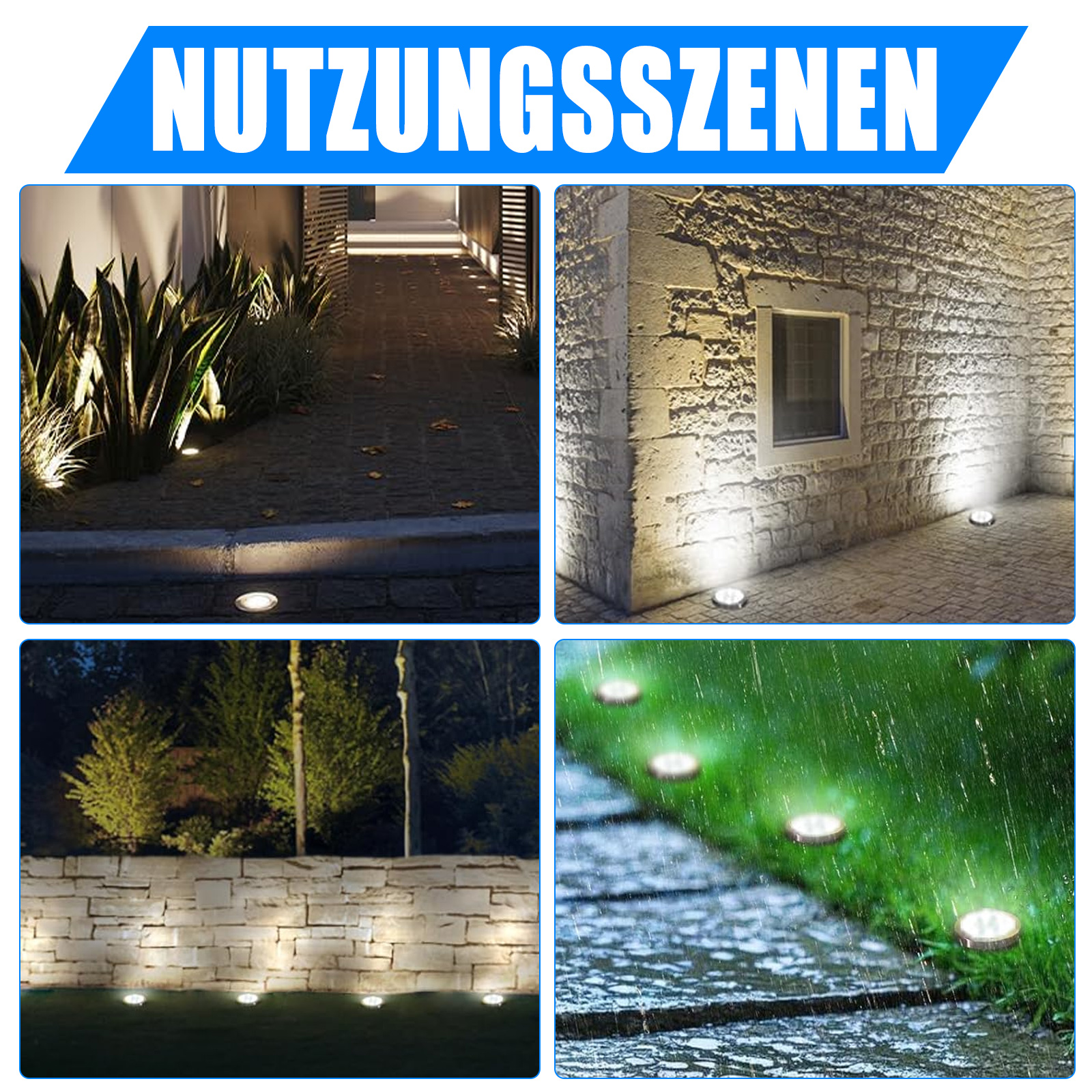 Vier Bilder zeigen verschiedene Verwendungen für Bodenleuchten: Weg, Wand, Gras und eine nasse Oberfläche.