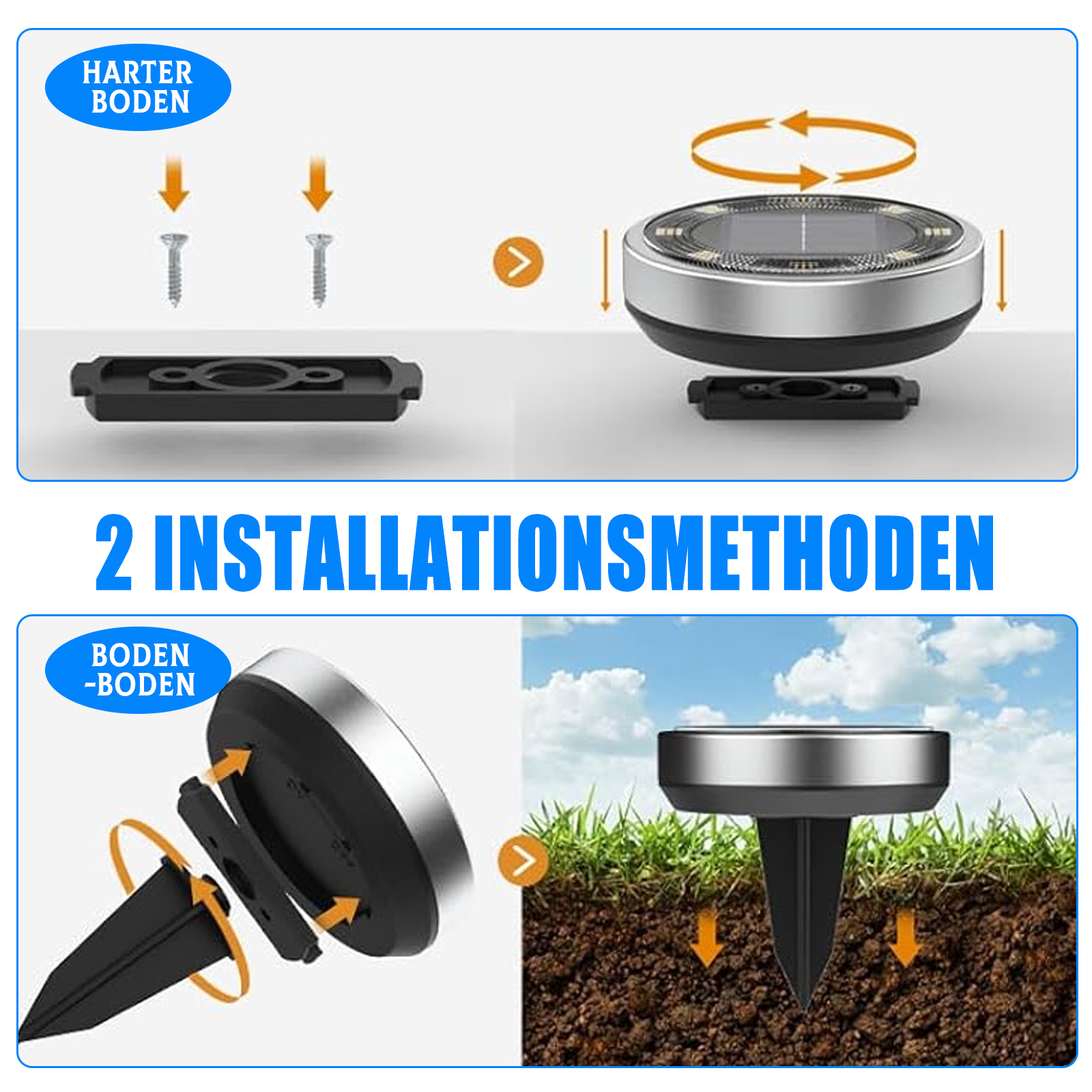 Diagramme, die zwei Installationsmethoden für Solar-Bodenleuchten zeigen: harter Boden und Boden mit Spieß.
