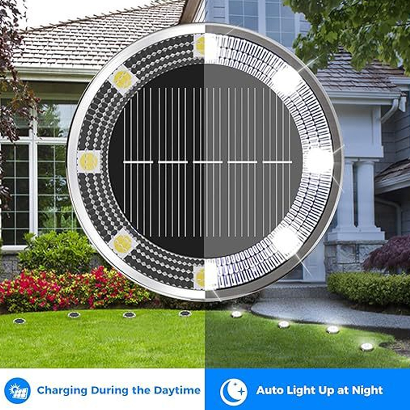 Solarleuchten sind an. Tagsüber laden sie sich auf, nachts leuchten sie auf.