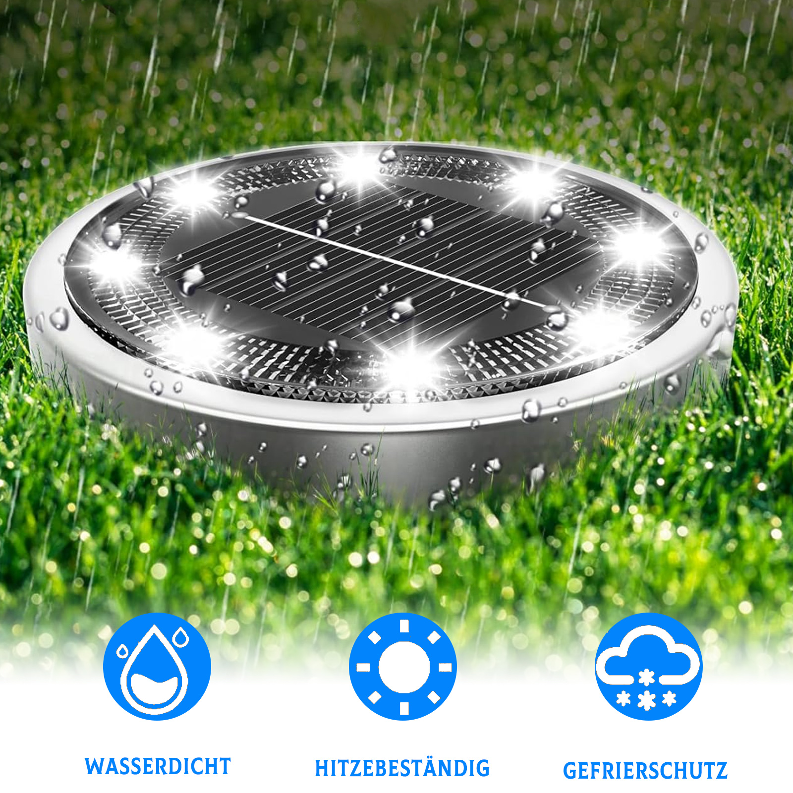 Solar-Bodenleuchte im Gras mit Wassertropfen. Symbole zeigen: wasserdicht, hitzebeständig und frostbeständig.