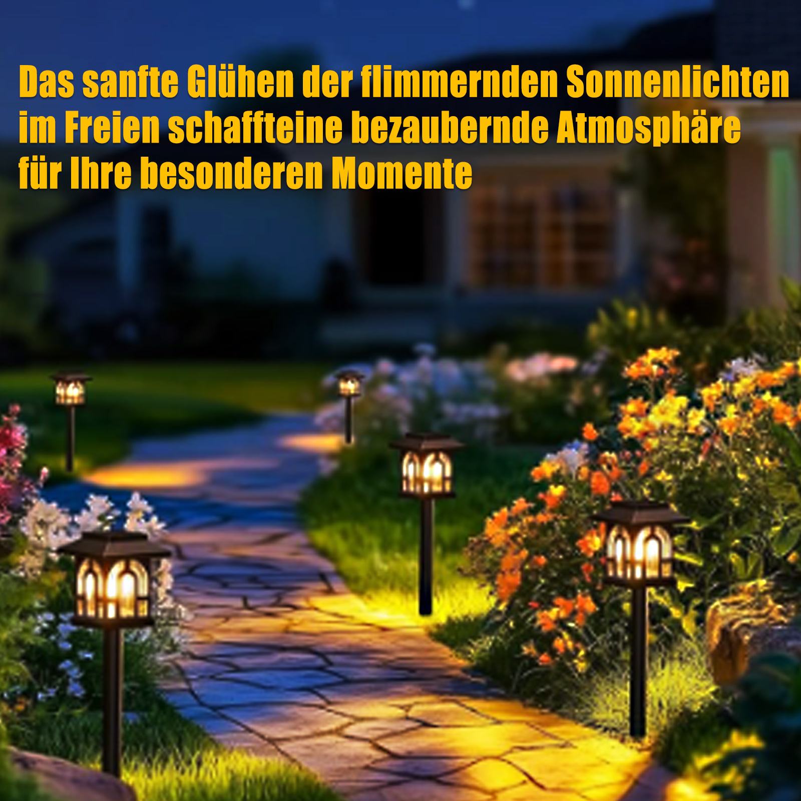 Weg mit Solarleuchten gesäumt, die in einer Gartenumgebung ein warmes Leuchten erzeugen.