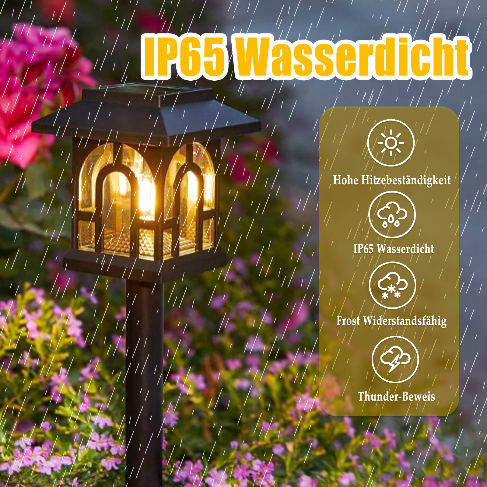 Gartenleuchte im Laternen-Design, IP65 wasserdicht, mit Symbolen für Hitze, Wasser, Frost und Gewitter.