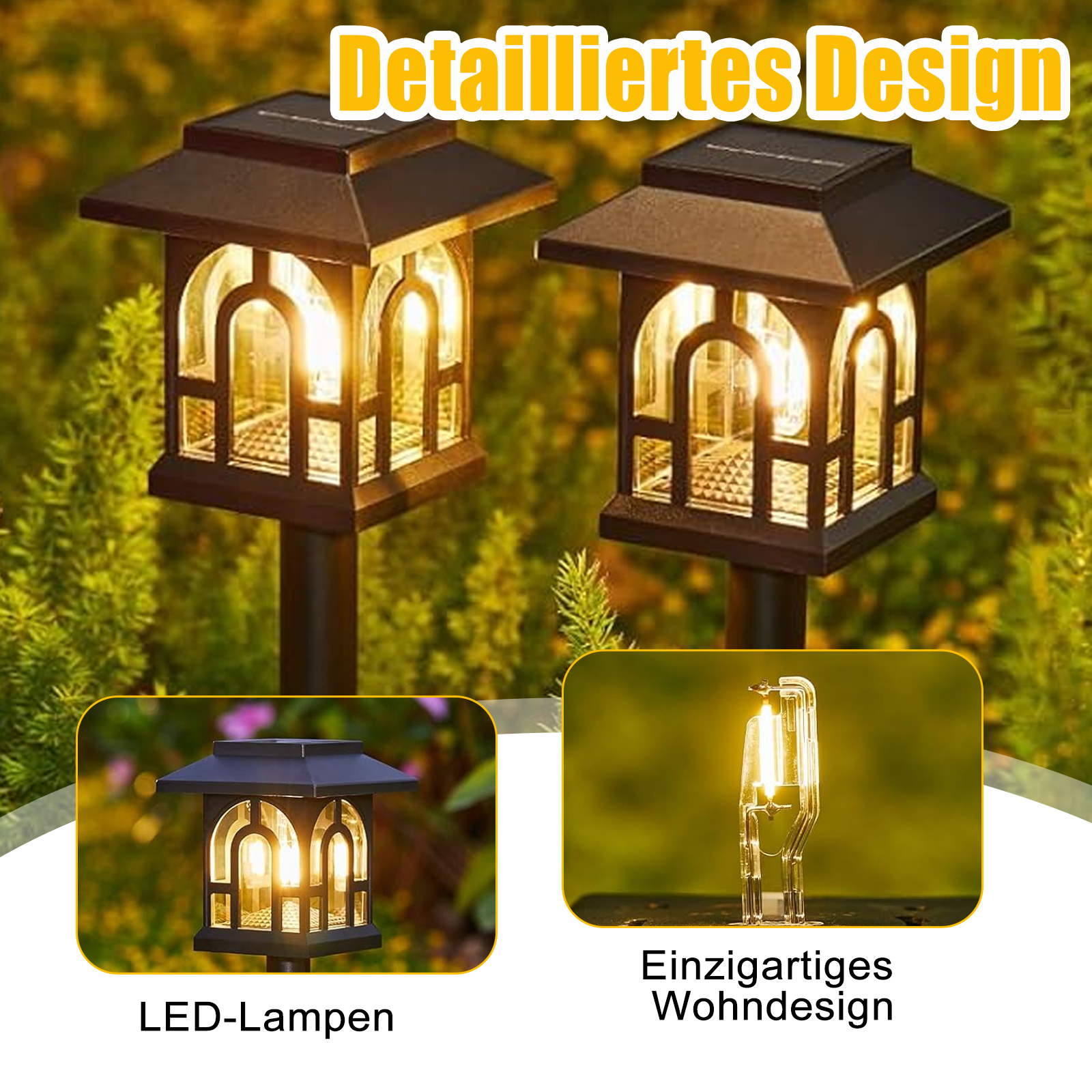 Nahaufnahme von zwei Solar-Gartenleuchten mit detailliertem Design und Glühbirne.