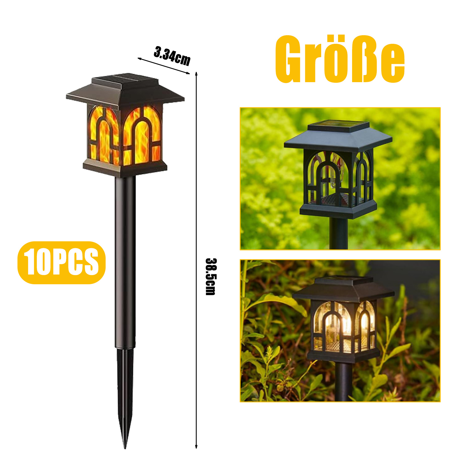 Solar-Gartenleuchte mit Abmessungen: 3,34 cm breit, 36,5 cm hoch und 10 Stück.