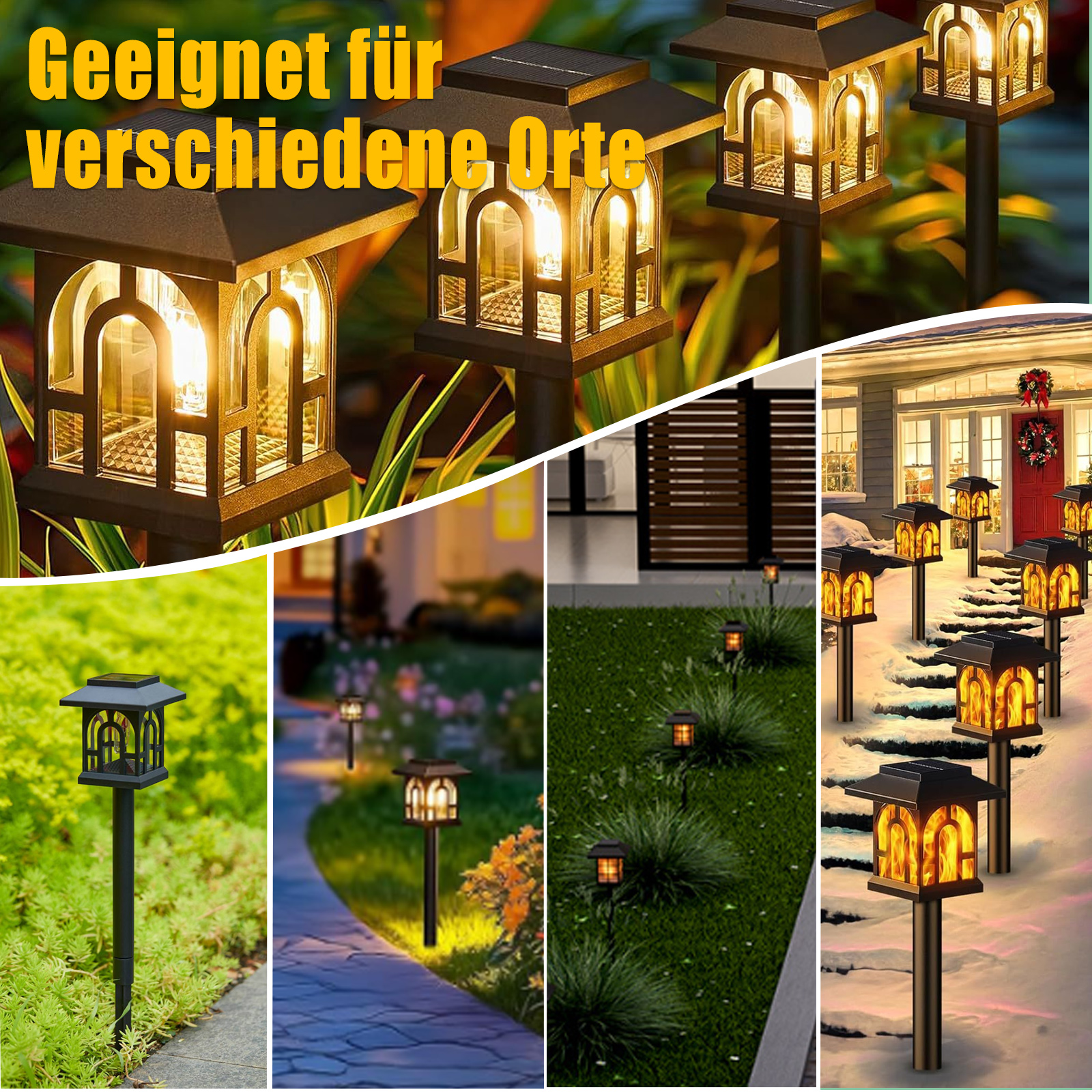 Solar-Gartenleuchten in verschiedenen Umgebungen: Gehweg, Garten und verschneiter Pfad.