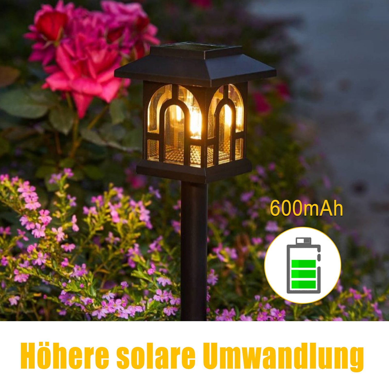 Schwarze Solar-Gartenleuchte mit Akkusymbol und Text 'Höhere solare Umwandlung' in Gelb. Rosa Rosen im Hintergrund.