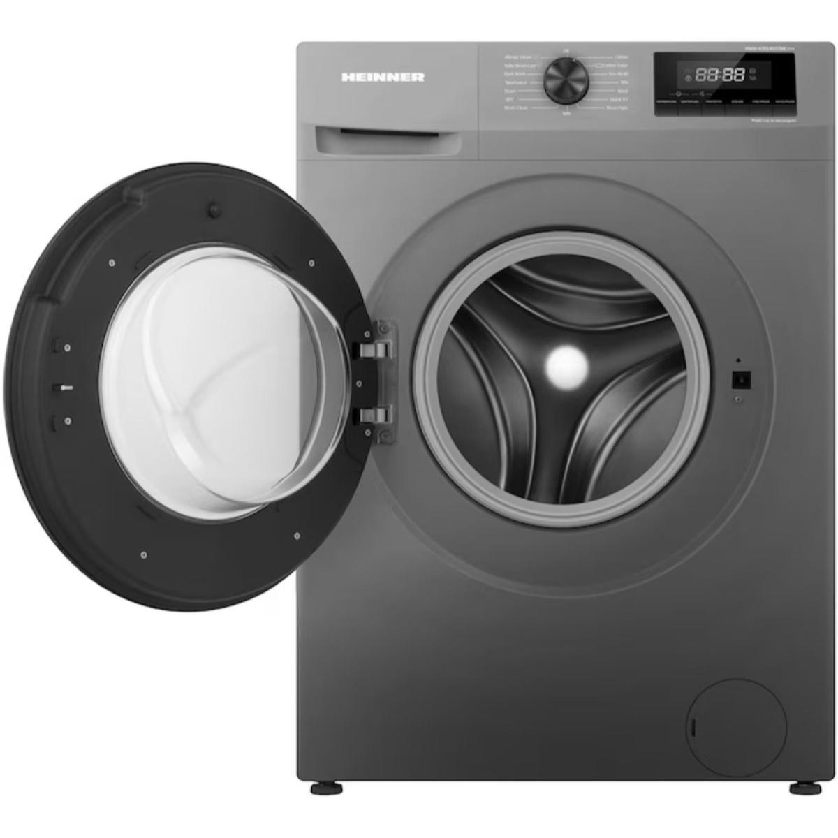 Graue Waschmaschine mit offener schwarzer Tür, Bedienfeld oben.