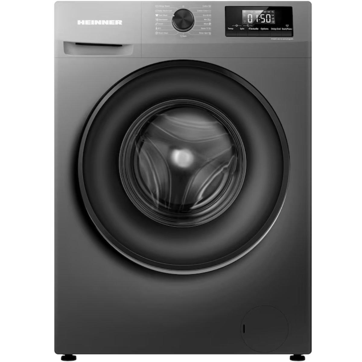 Dunkelgraue Waschmaschine, Vorderansicht. Bedienfeld und Tür geschlossen.