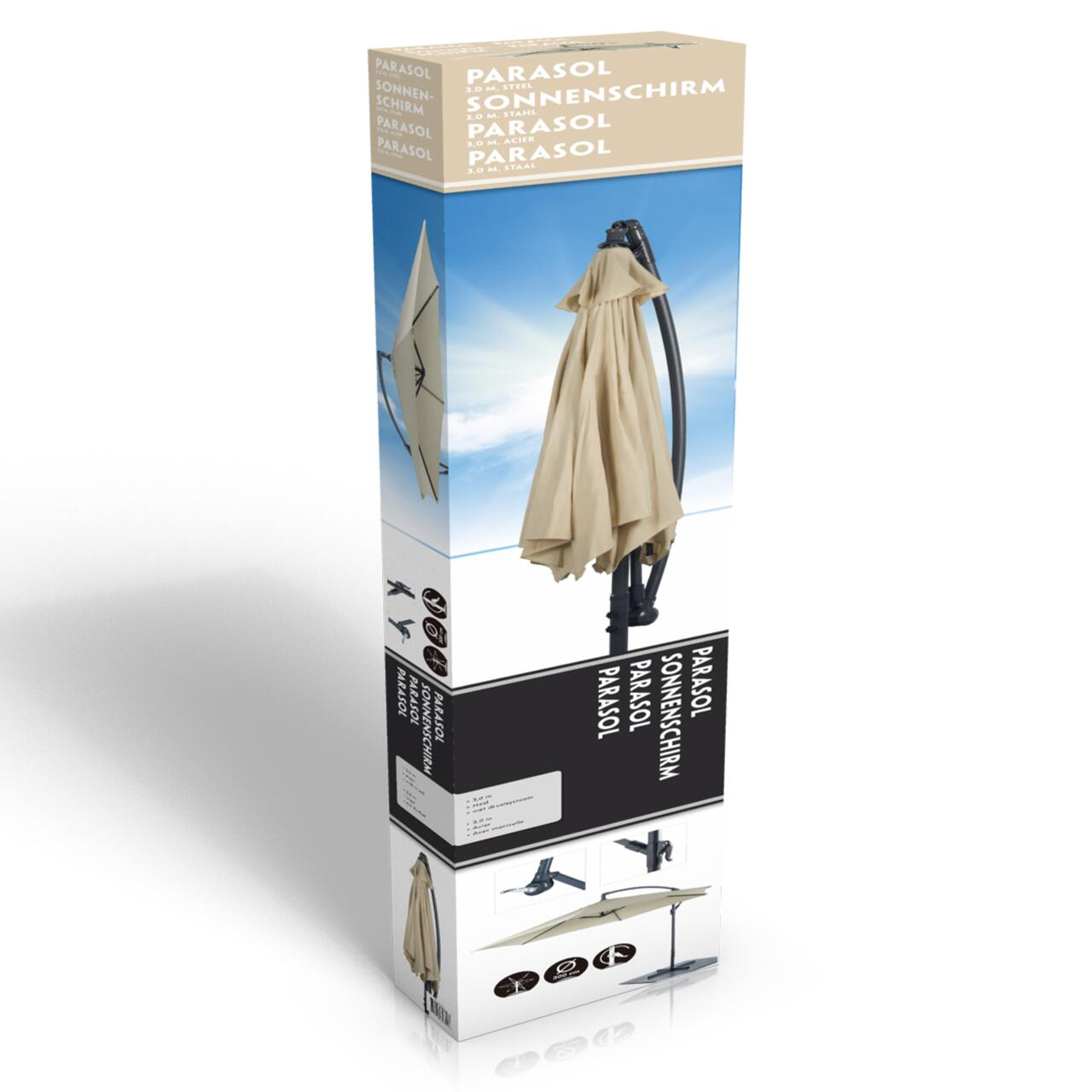 Verpakking van een parasol met diagrammen en productafbeelding, witte achtergrond.