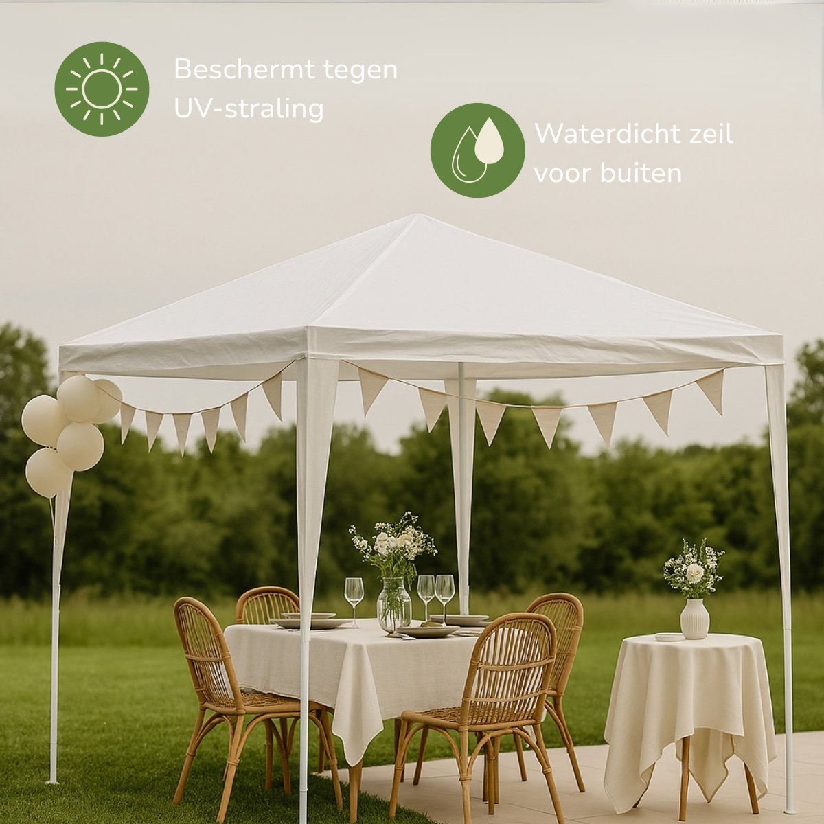 A white gazebo set up for a party, with a table setting, balloons, and decorations.