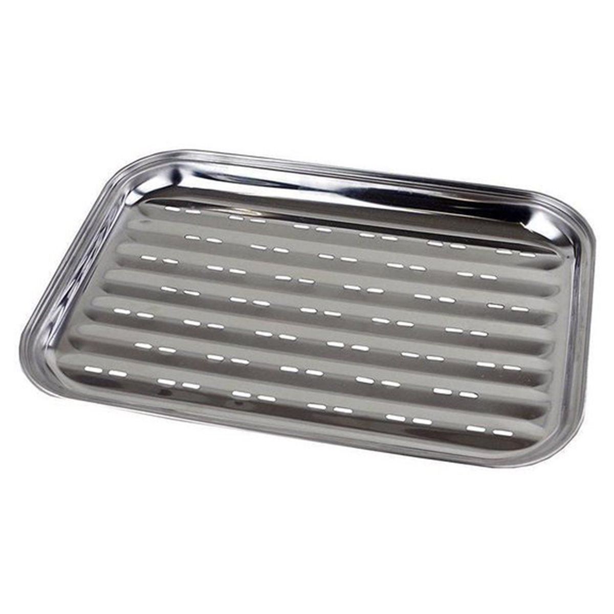 A stainless steel tray with a rectangular shape and a series of parallel ridges.