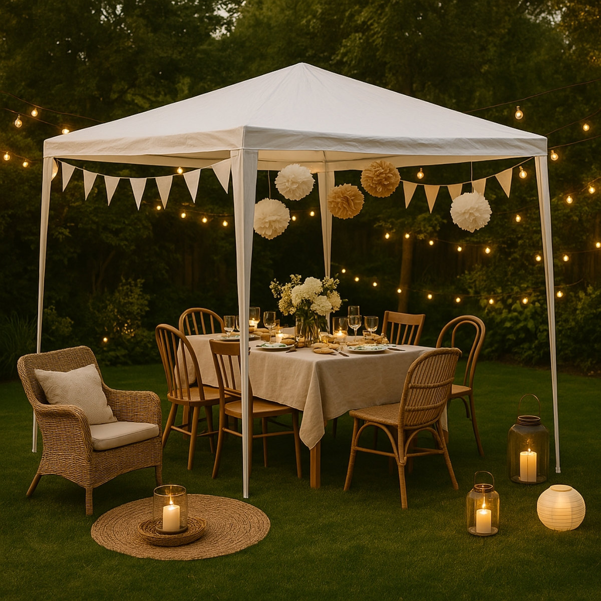 A white gazebo set for a dinner party. Includes table, chairs, lights, and decorations.