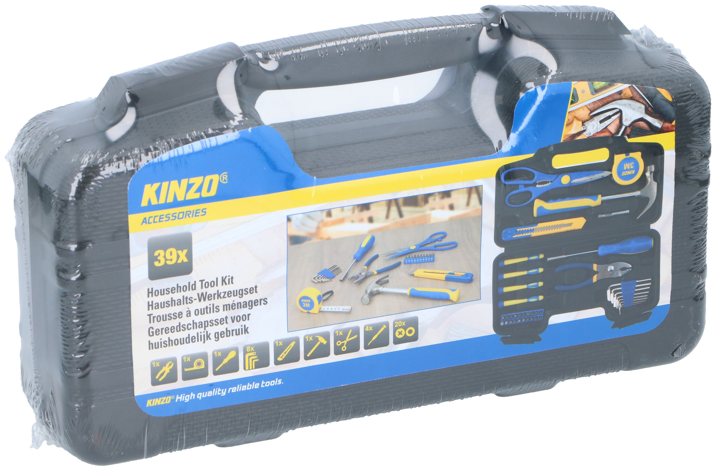 Een zwarte gereedschapskist met een doorzichtige plastic hoes, gevuld met gereedschap. De doos heeft een blauw en geel label.