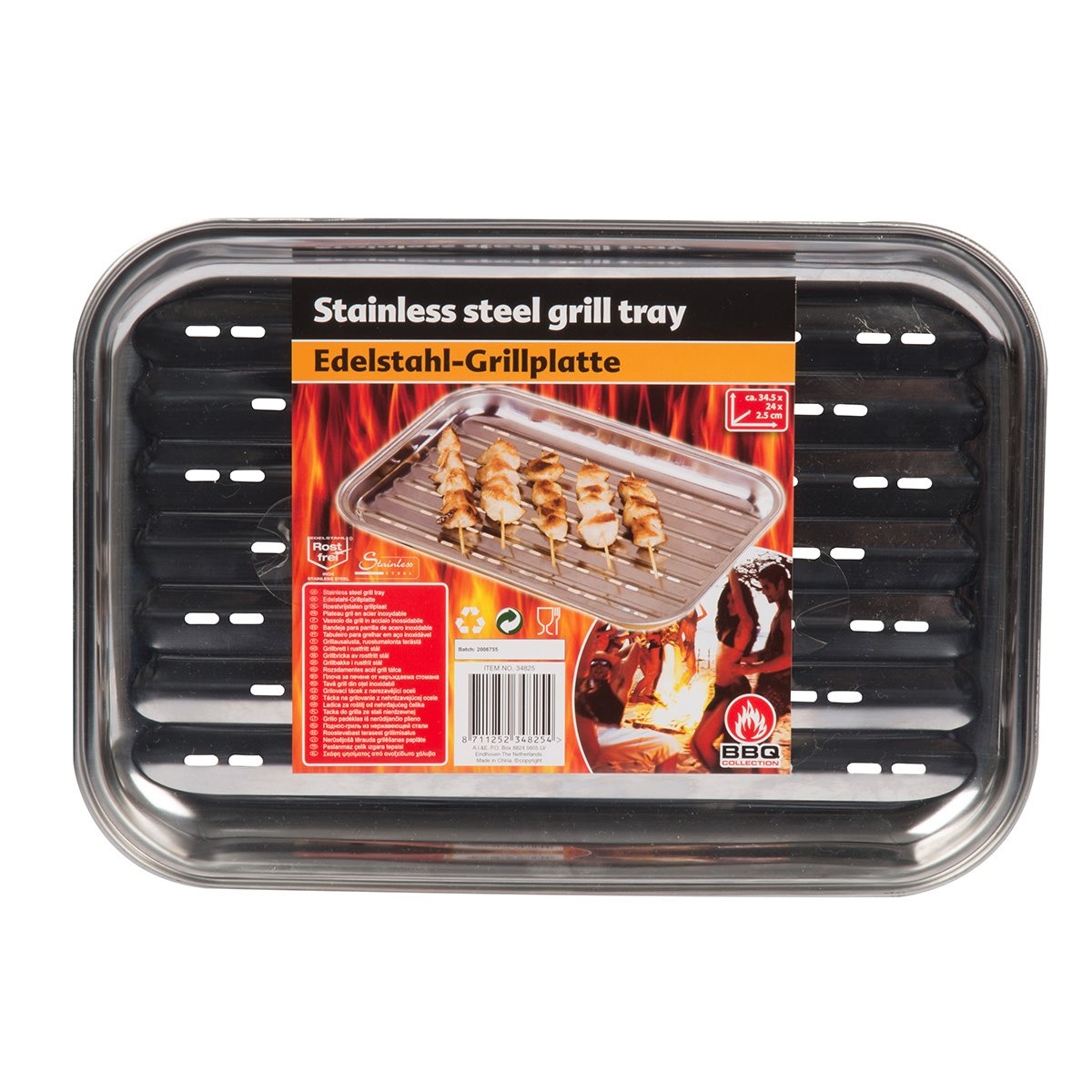 A stainless steel grill tray is shown, with a picture of food on it.