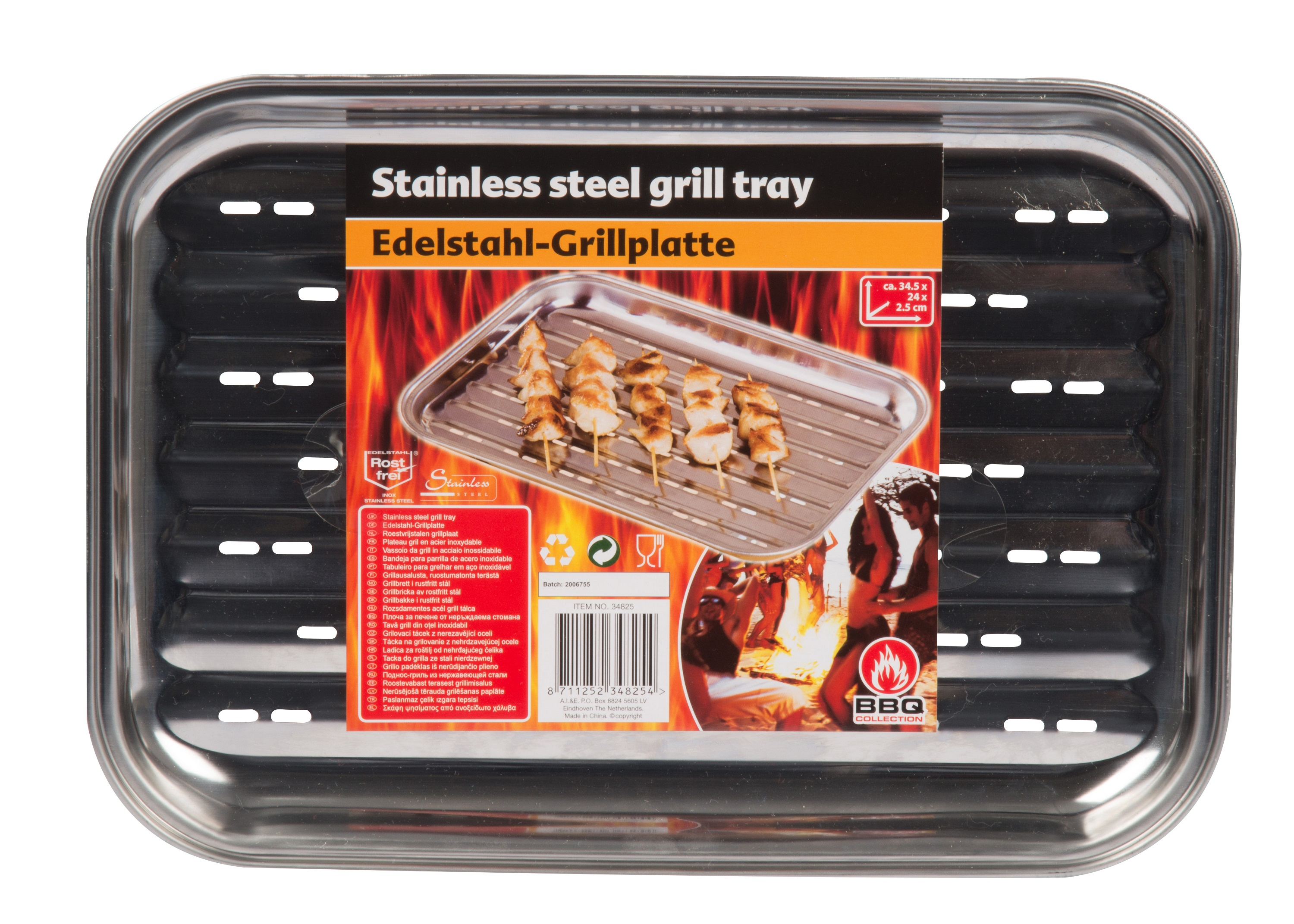 Stainless steel grill tray with food inside, on a white background.