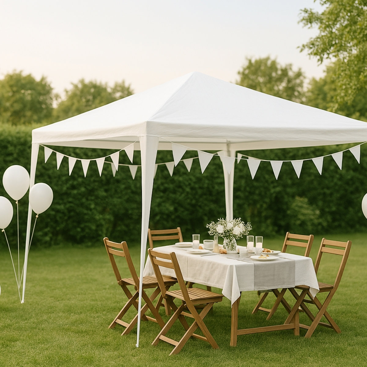 A white tent set up on a green lawn with a table, chairs, and balloons. The background is a hedge.