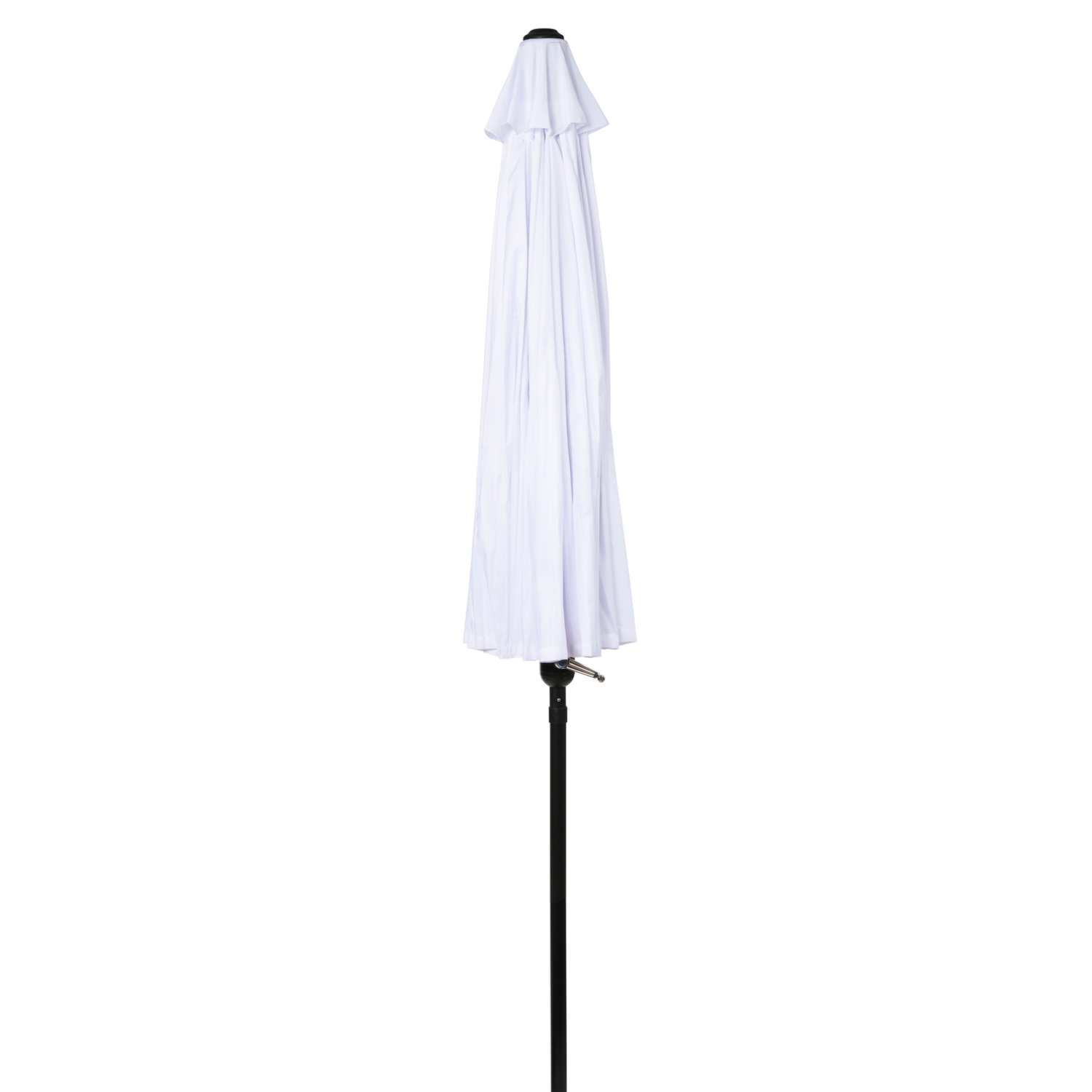 Een witte, gesloten paraplu met een zwarte paal, geïsoleerd op een witte achtergrond. De paraplu staat schuin.