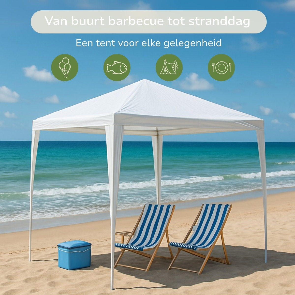 A white tent on a beach, with beach chairs, a cooler, and icons above about events.