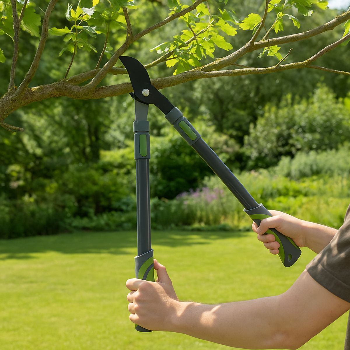 Een persoon die een lange snoeischaar gebruikt om een tak af te knippen. De achtergrond is een groene tuin.