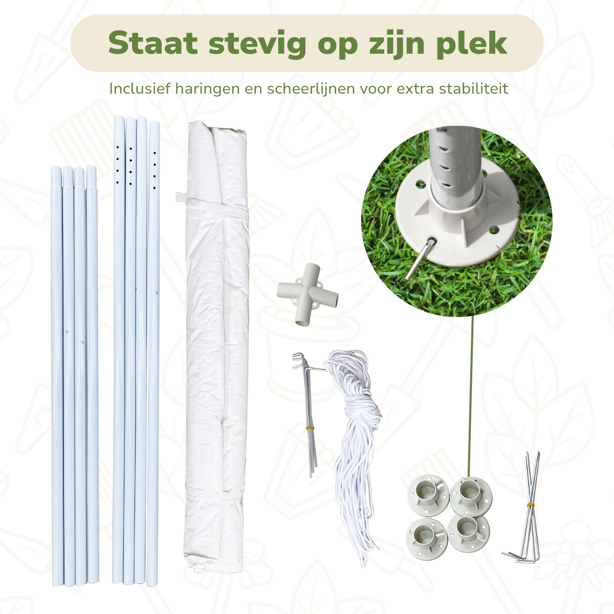 White tent parts, umbrella base, ropes, and anchors on a light green background.