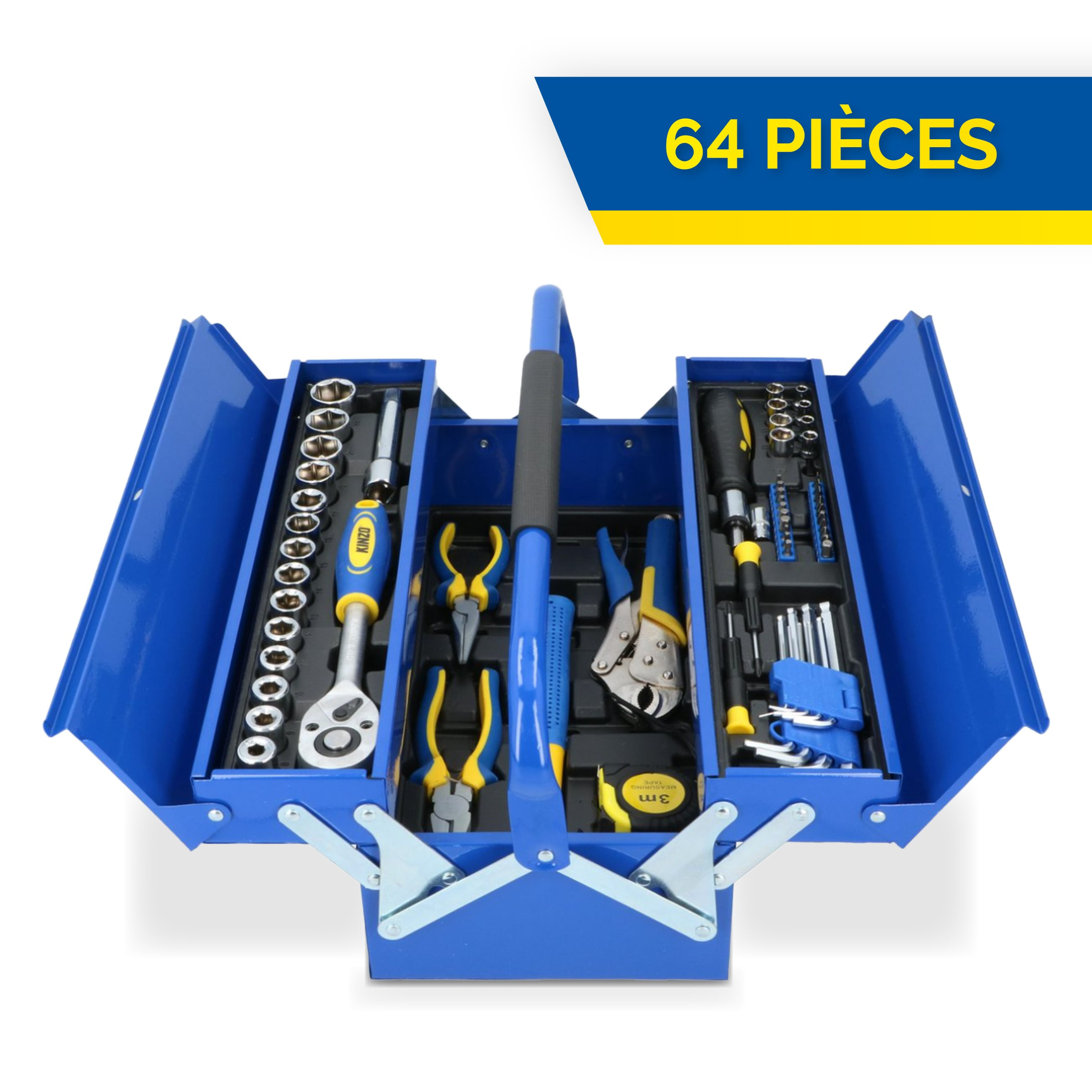 Een blauwe gereedschapskist open, met gereedschap. Gereedschap omvat doppen, tangen, een meetlint en schroevendraaiers.